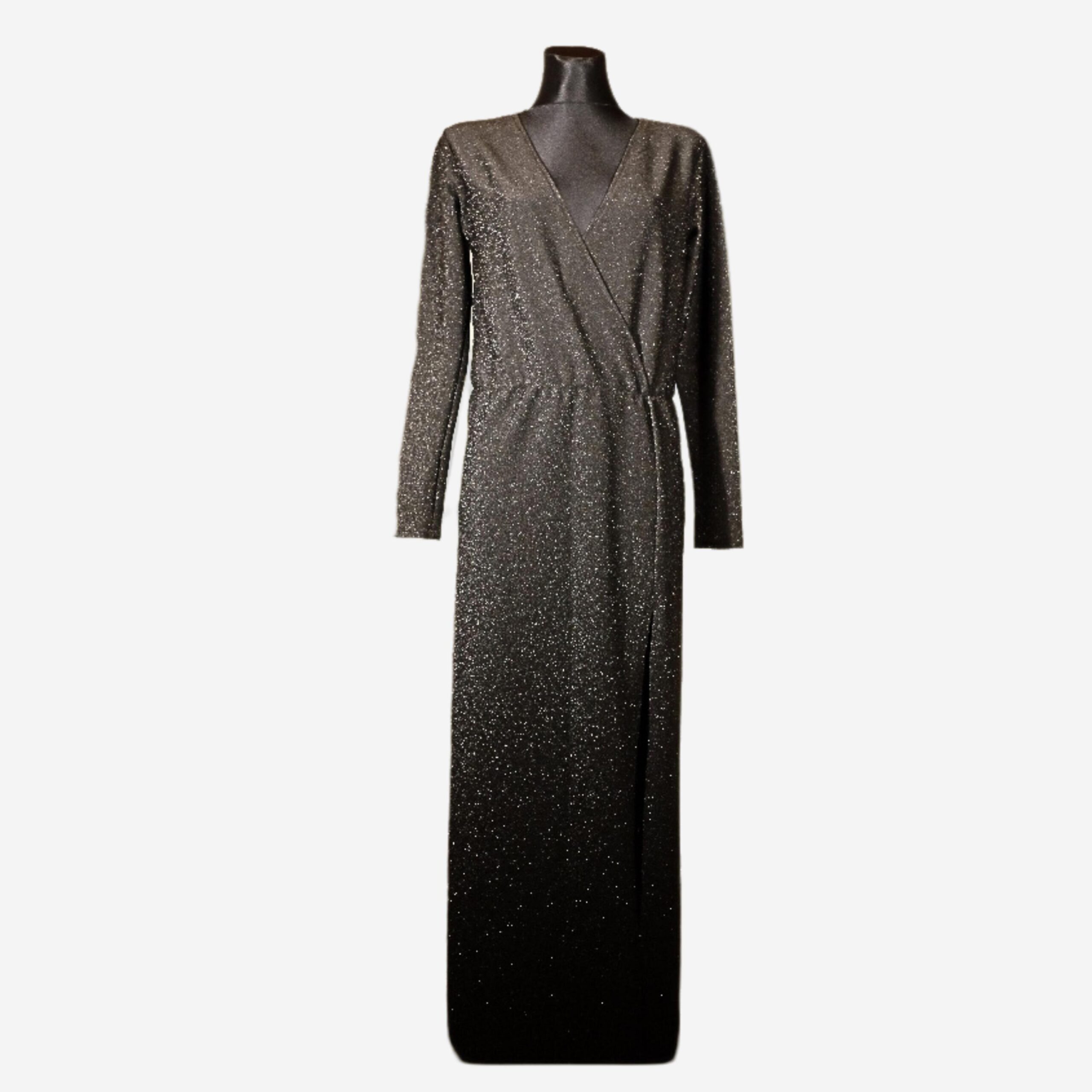 Vintage Black Metallic Dress, Deep V Maxi Long Sleeved Evening Gown