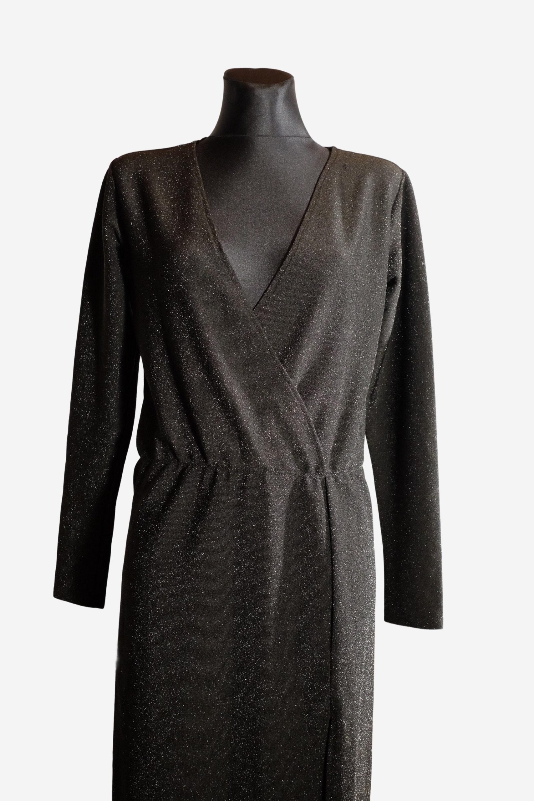 Vintage Black Metallic Dress, Deep V Maxi Long Sleeved Evening Gown - Image 2