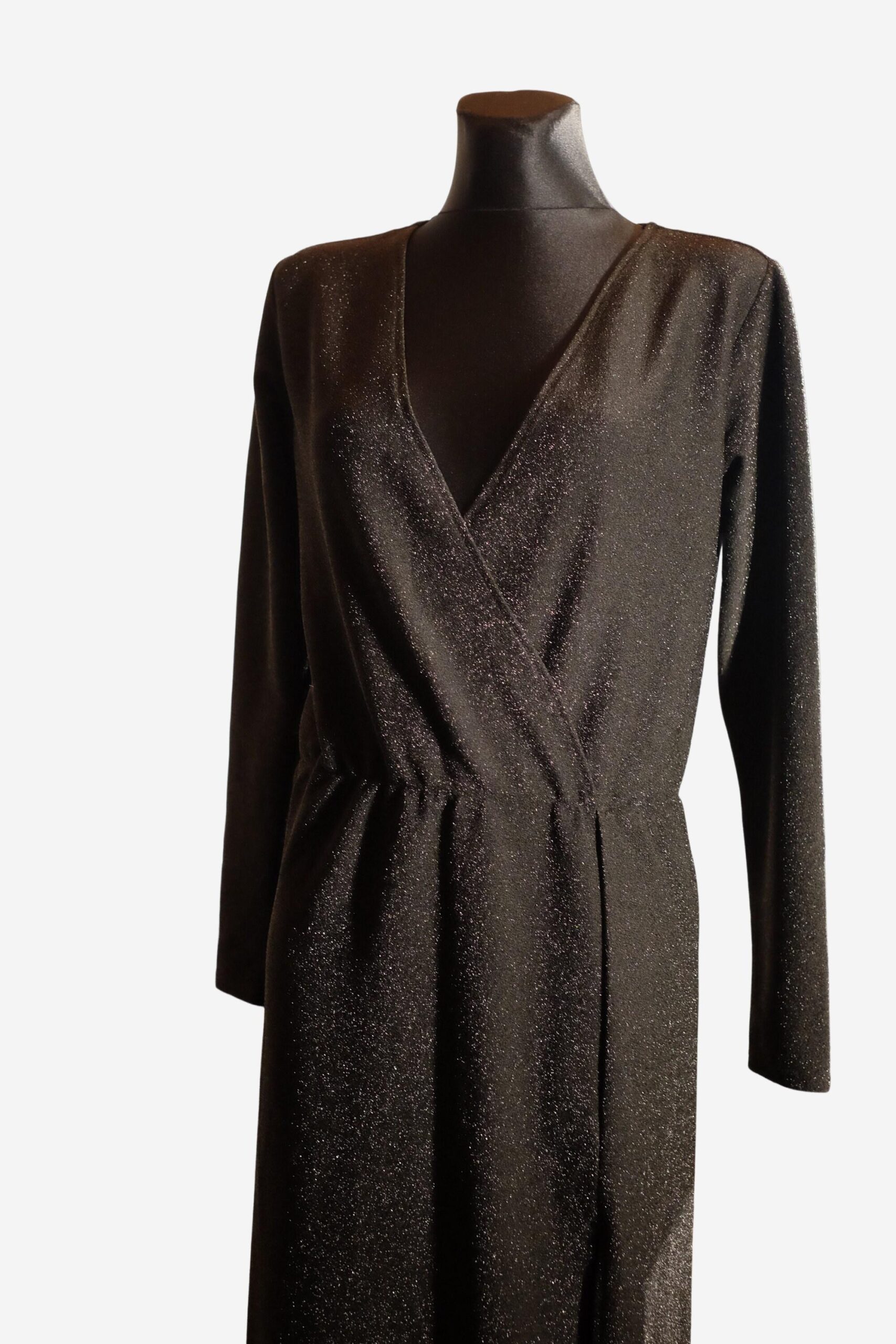 Vintage Black Metallic Dress, Deep V Maxi Long Sleeved Evening Gown - Image 3
