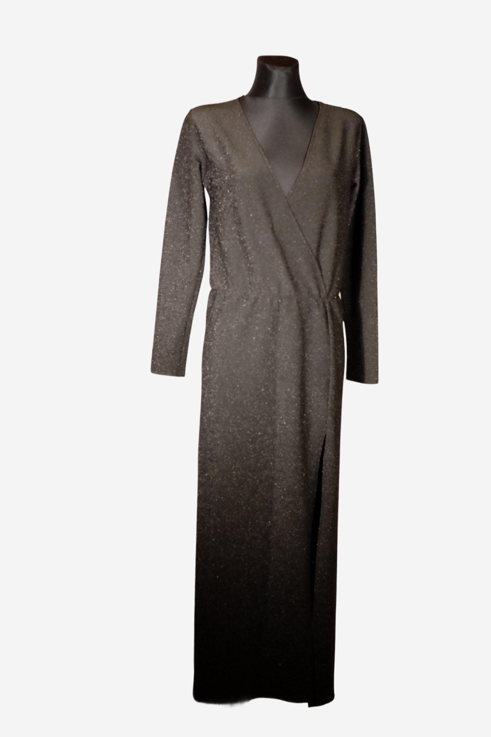 Vintage Black Metallic Dress, Deep V Maxi Long Sleeved Evening Gown - Image 6