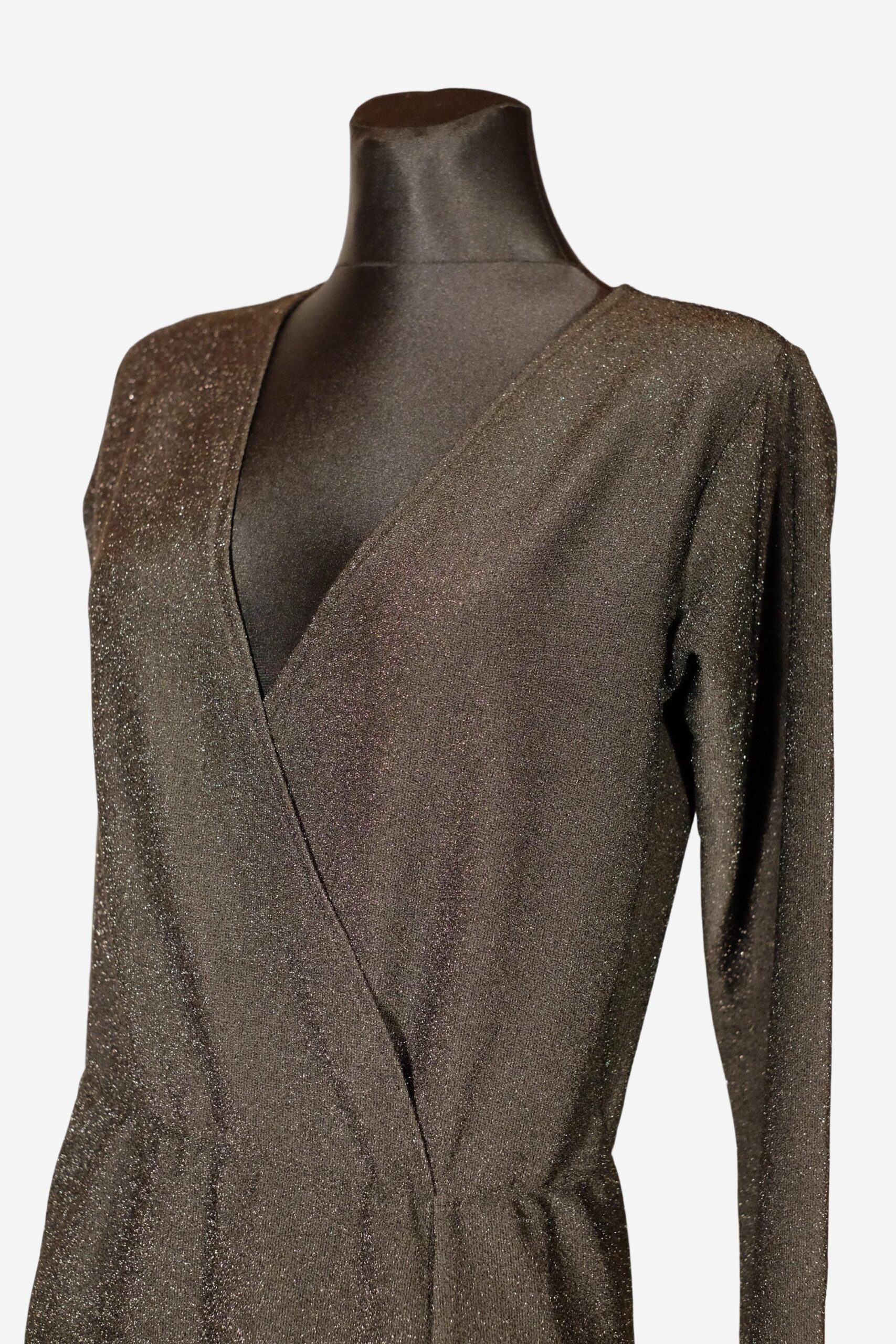 Vintage Black Metallic Dress, Deep V Maxi Long Sleeved Evening Gown - Image 7