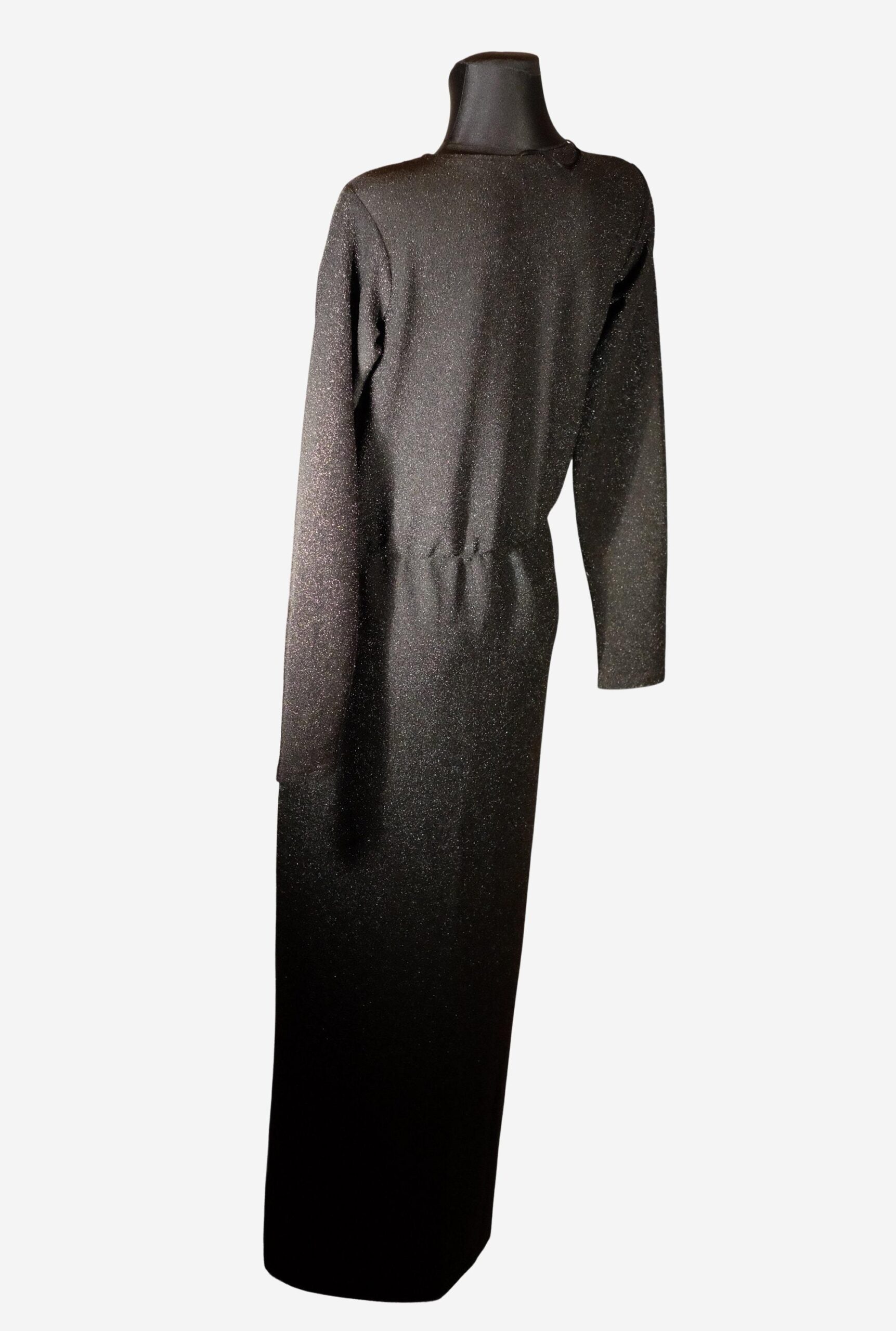 Vintage Black Metallic Dress, Deep V Maxi Long Sleeved Evening Gown - Image 8