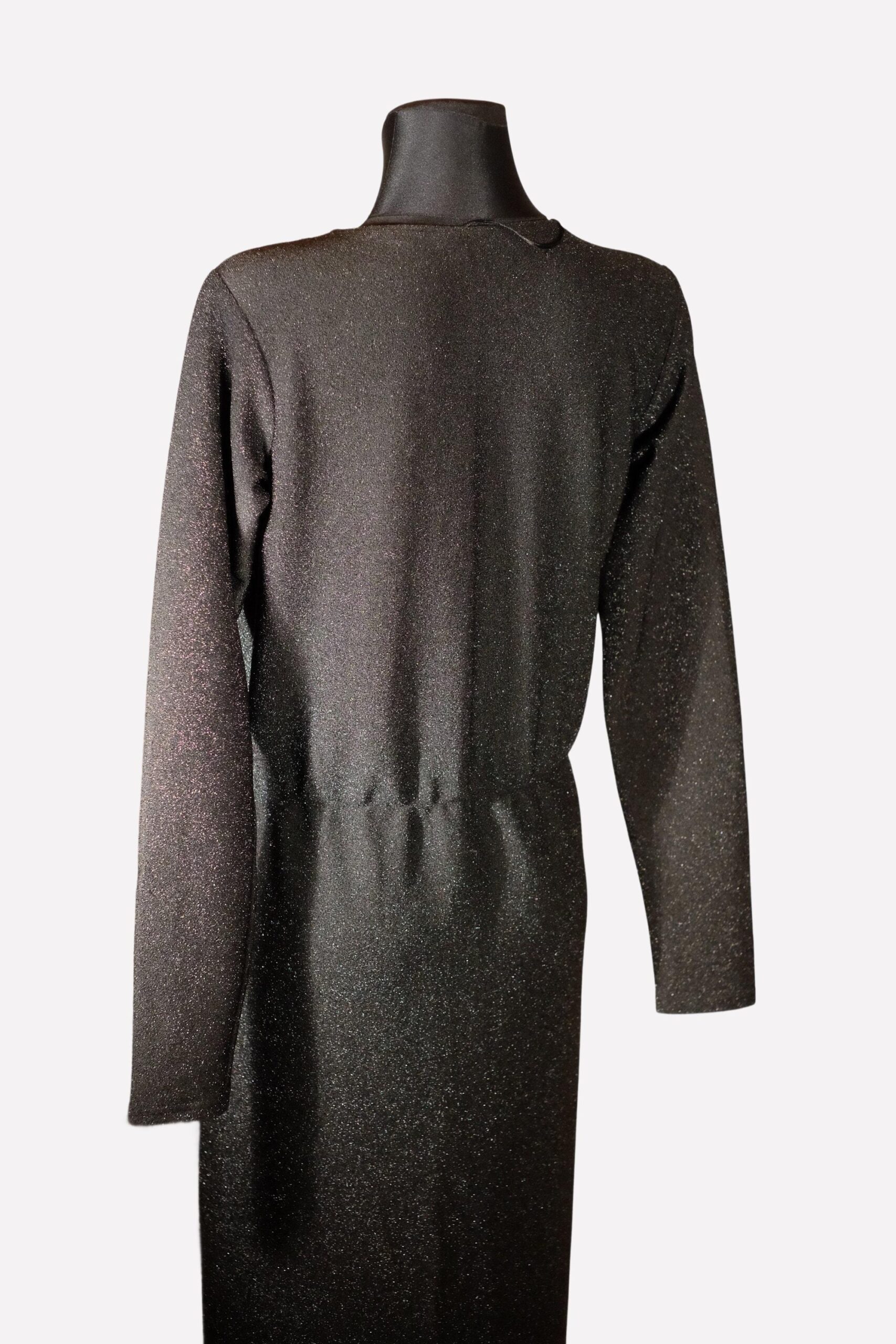 Vintage Black Metallic Dress, Deep V Maxi Long Sleeved Evening Gown - Image 9