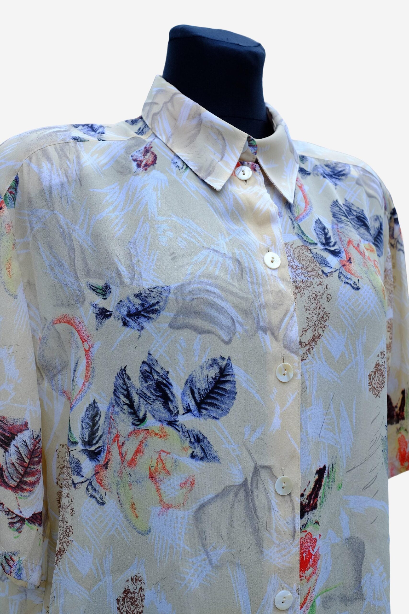 Vintage 90s Floral Bright White Yellow Blue Blouse - Image 3
