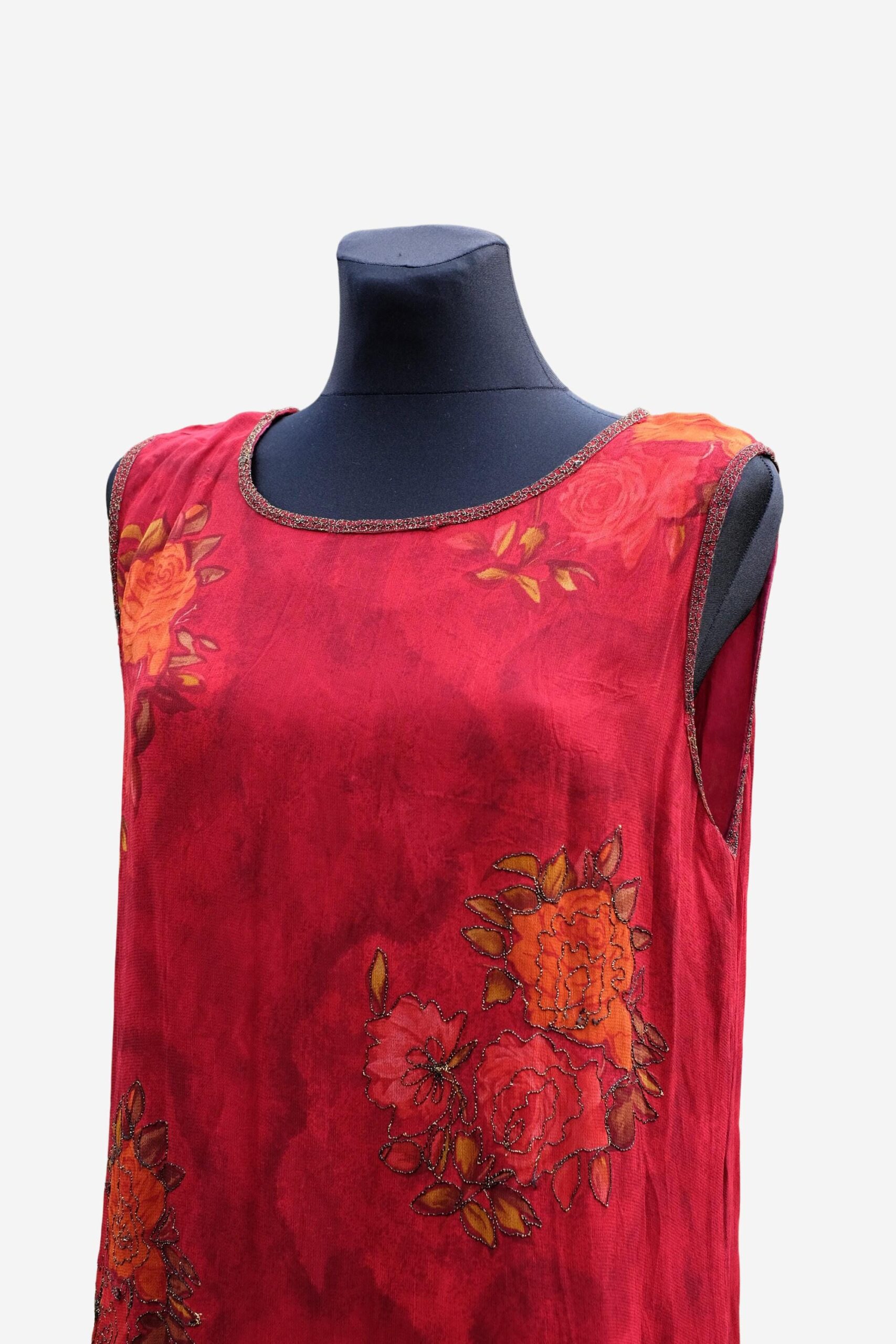 Vintage 1920s Red Embroidered Floral Flapper Dress - Image 4