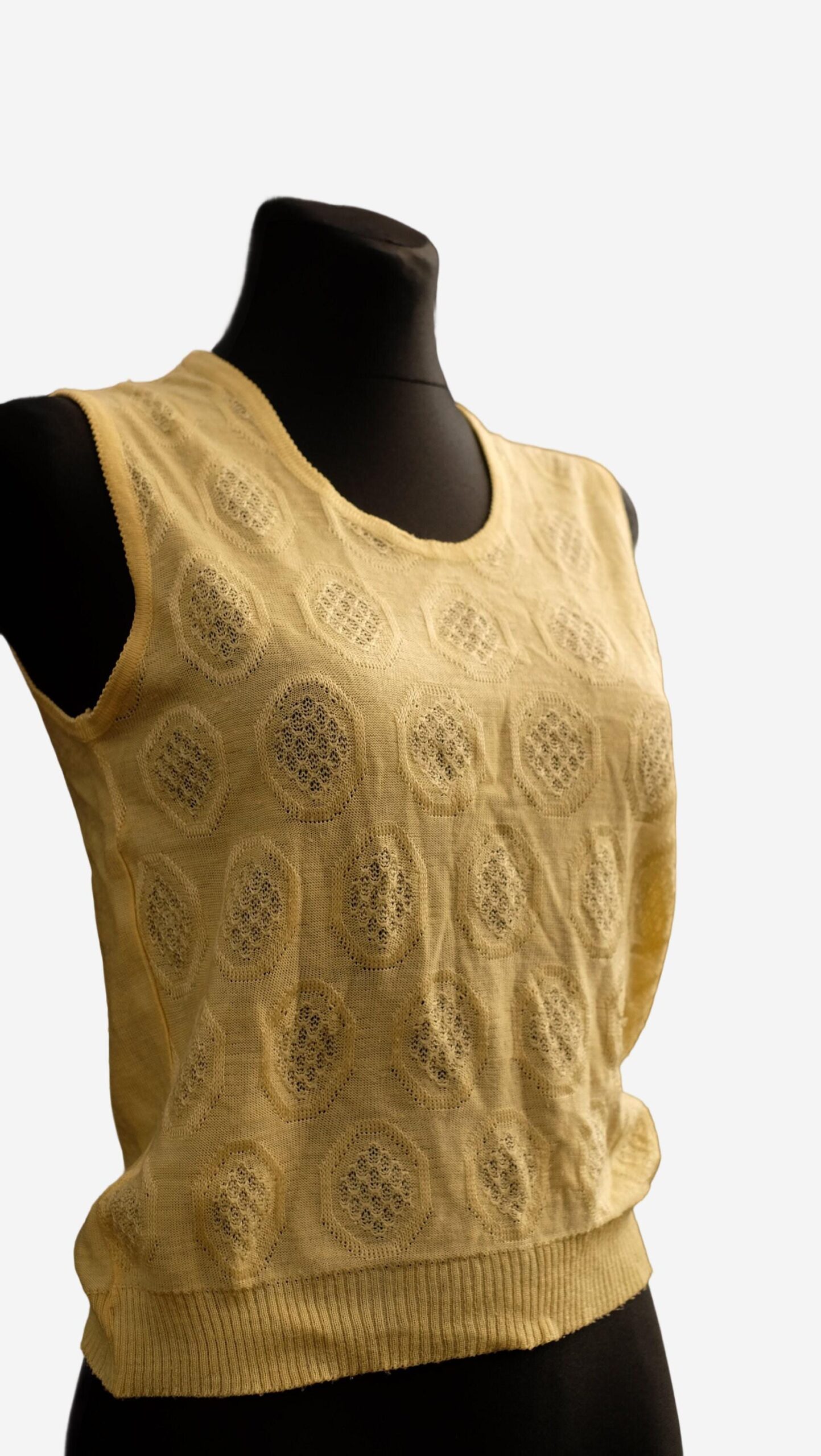 Vintage 60s Mod Knitted Yellow Vest, Knitted Sleeveless Top