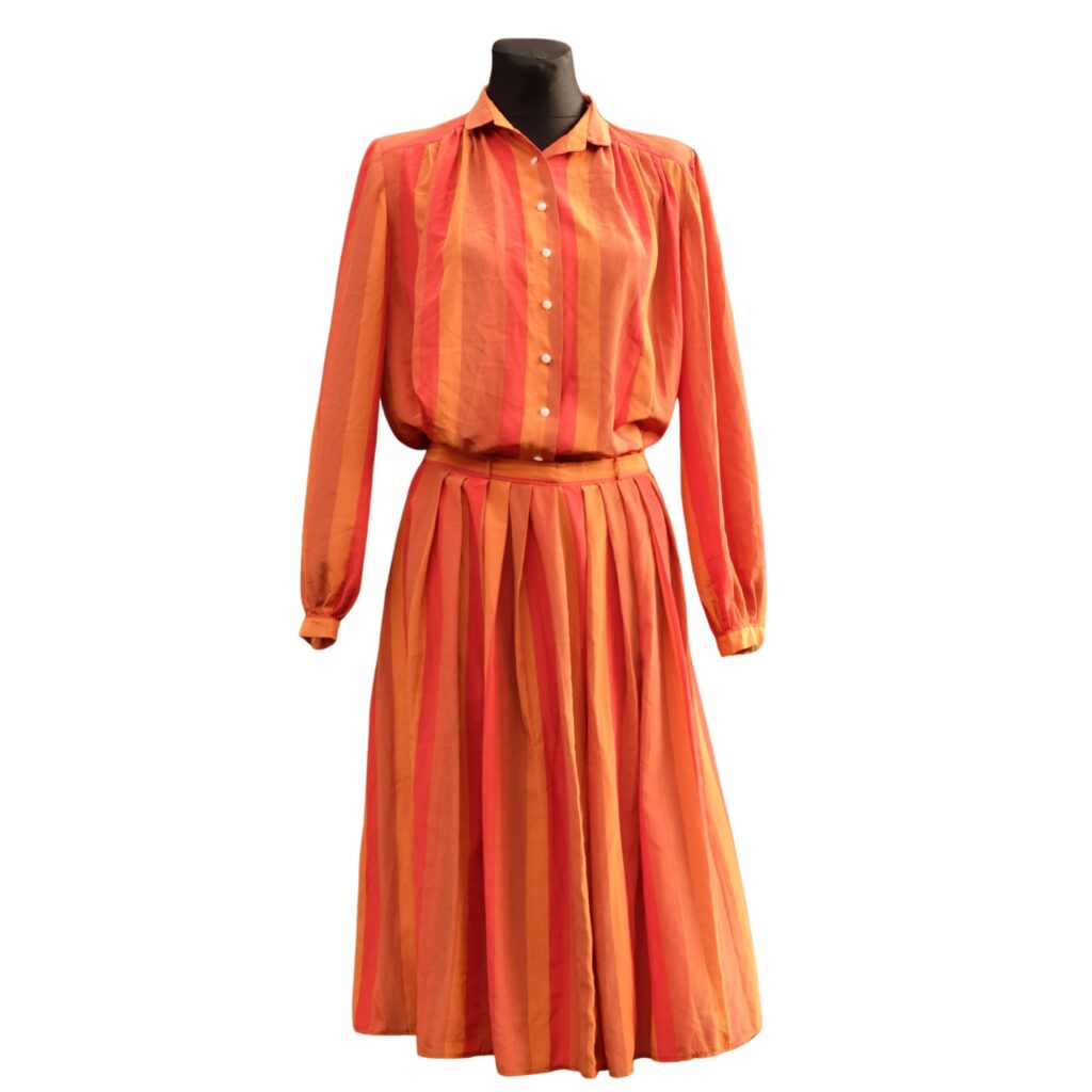 Vintage Handmade Two piece Orange Red Striped Ensemble/ Blouse and Skirt Set