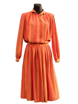 Vintage Handmade Two piece Orange Red Striped Ensemble/ Blouse and Skirt Set