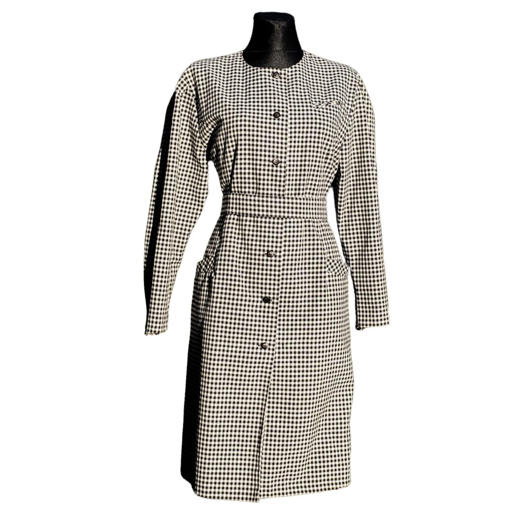 Vintage 80s Black and White Checkered Dress with Puff sleeves, The Nanny style dress, Gingham Dress