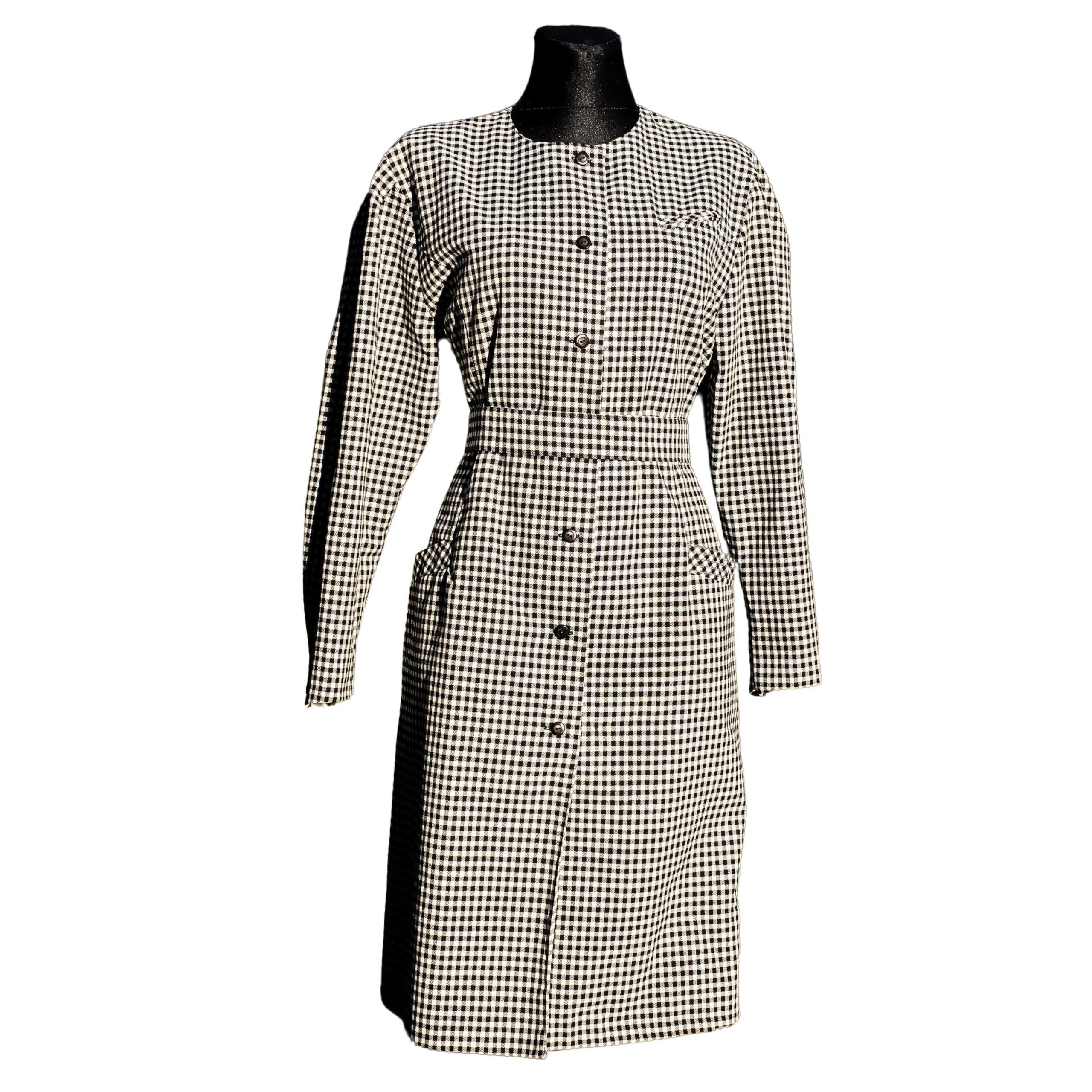Vintage 80s Black and White Checkered Dress with Puff sleeves, The Nanny style dress, Gingham Dress