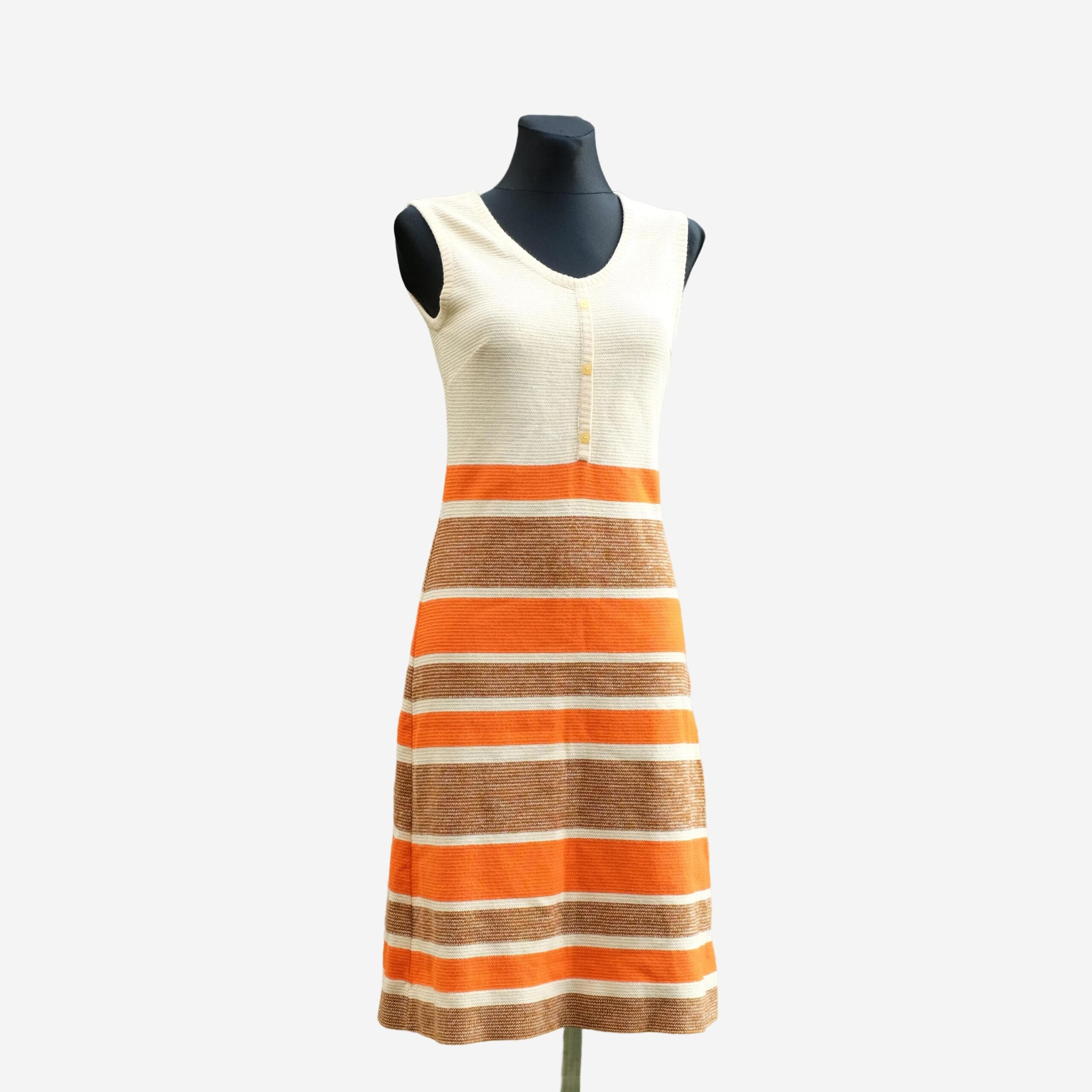 Dress Knitted Mod Vintage 60s, Twiggy Sleeveless Dress, Striped Dress in Orange Brown and White, Winter Dress