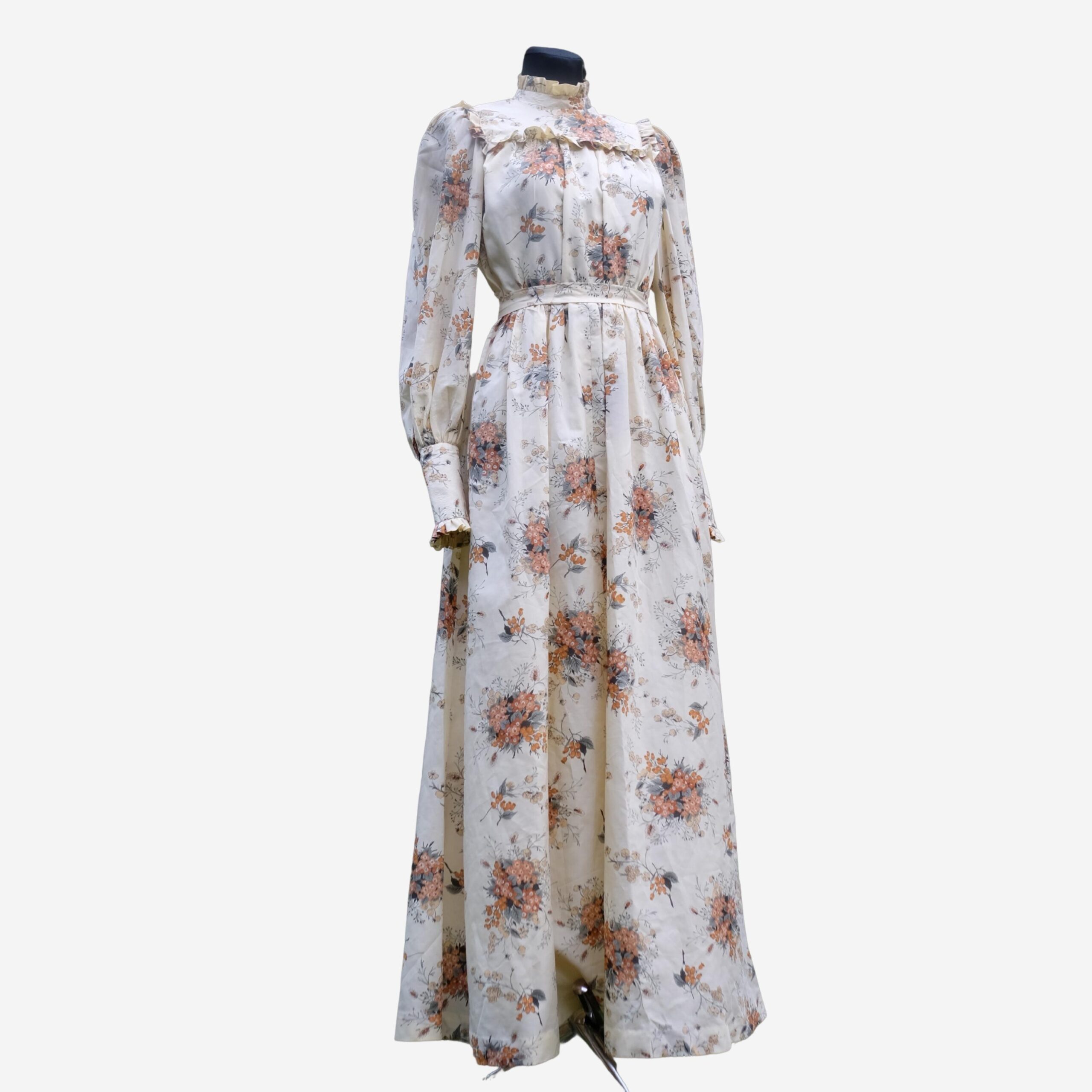 Vintage Prom Dress, 70s Victorian Style Floral Dress, Prairie Ruffled Maxi Dress XS/S
