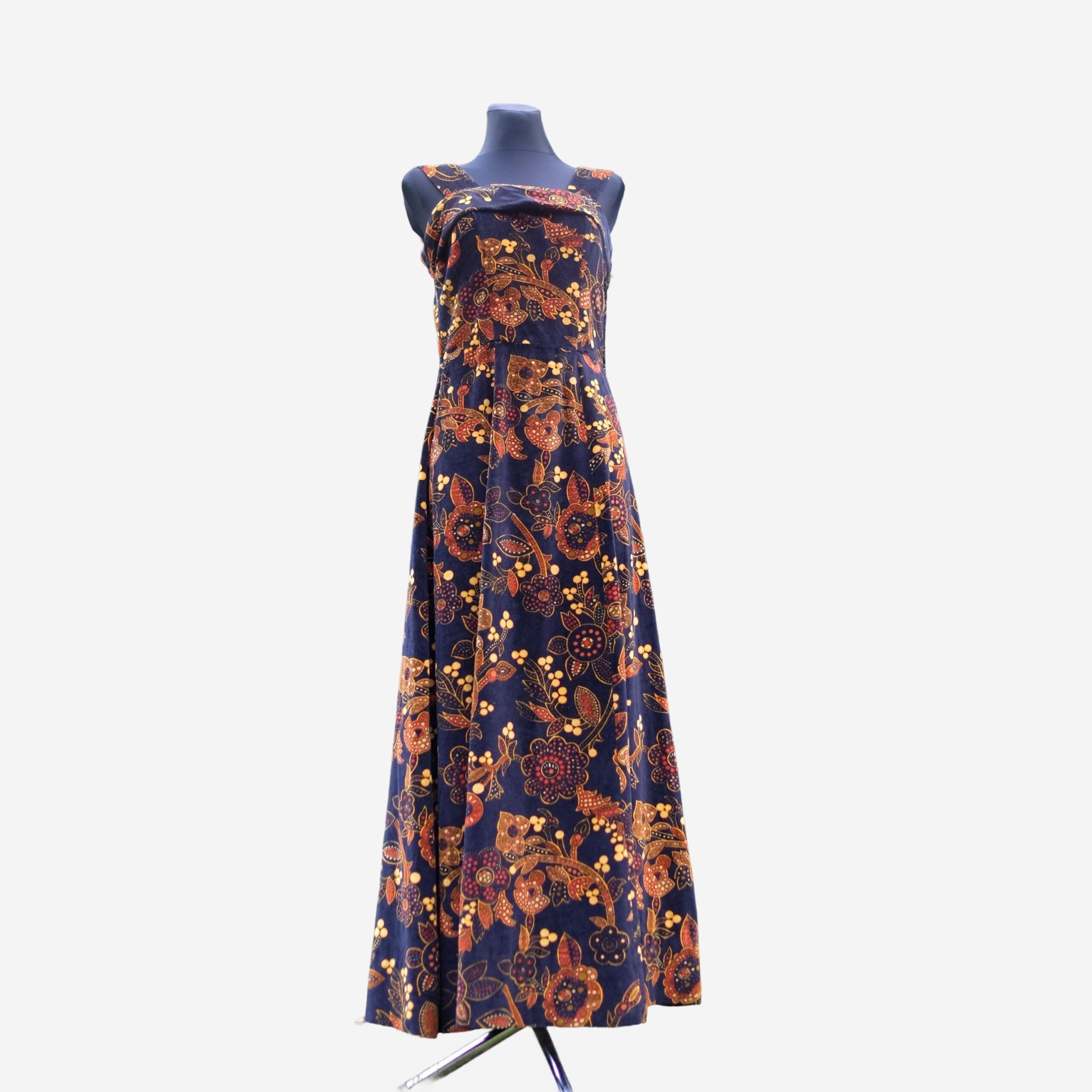 Vintage Blue Yellow Floral Velvet Maxi Hippie Dress with a Matching Purse S-M - Image 2