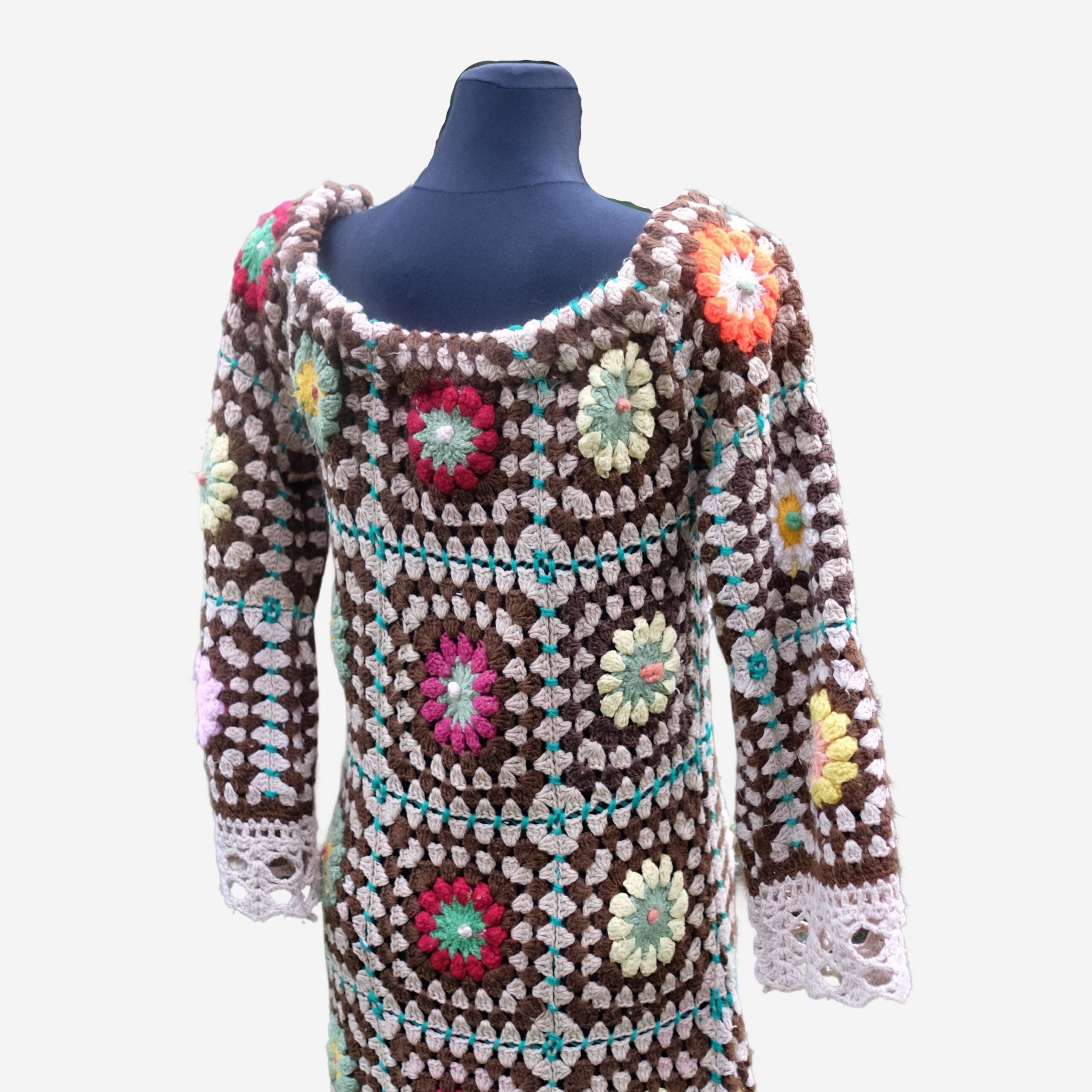 Vintage Festival Dress, Handmade Hippie Crochet Granny Square Maxi Boho Hippie Dress S-XL - Image 6