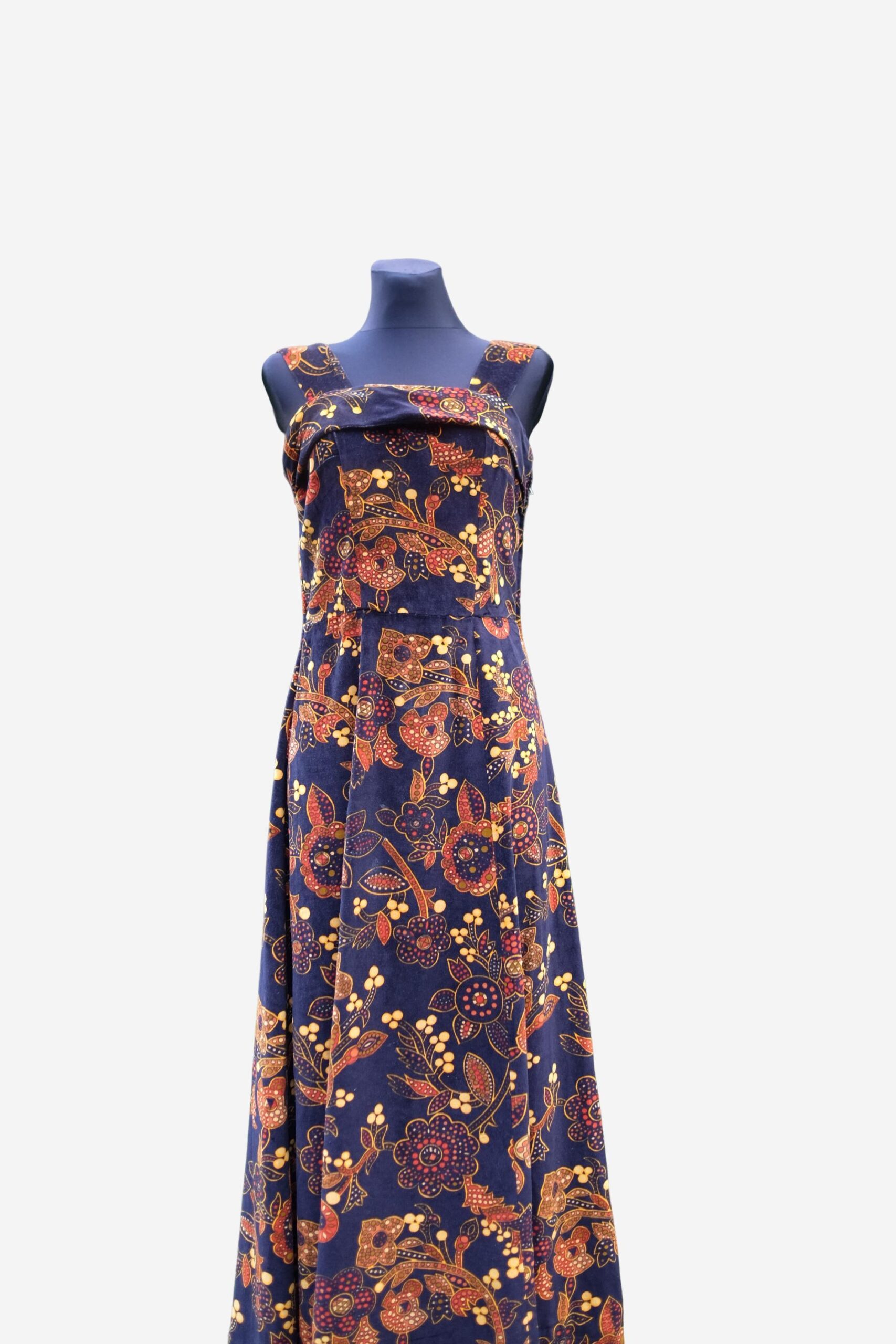 Vintage Blue Yellow Floral Velvet Maxi Hippie Dress with a Matching Purse S-M - Image 6