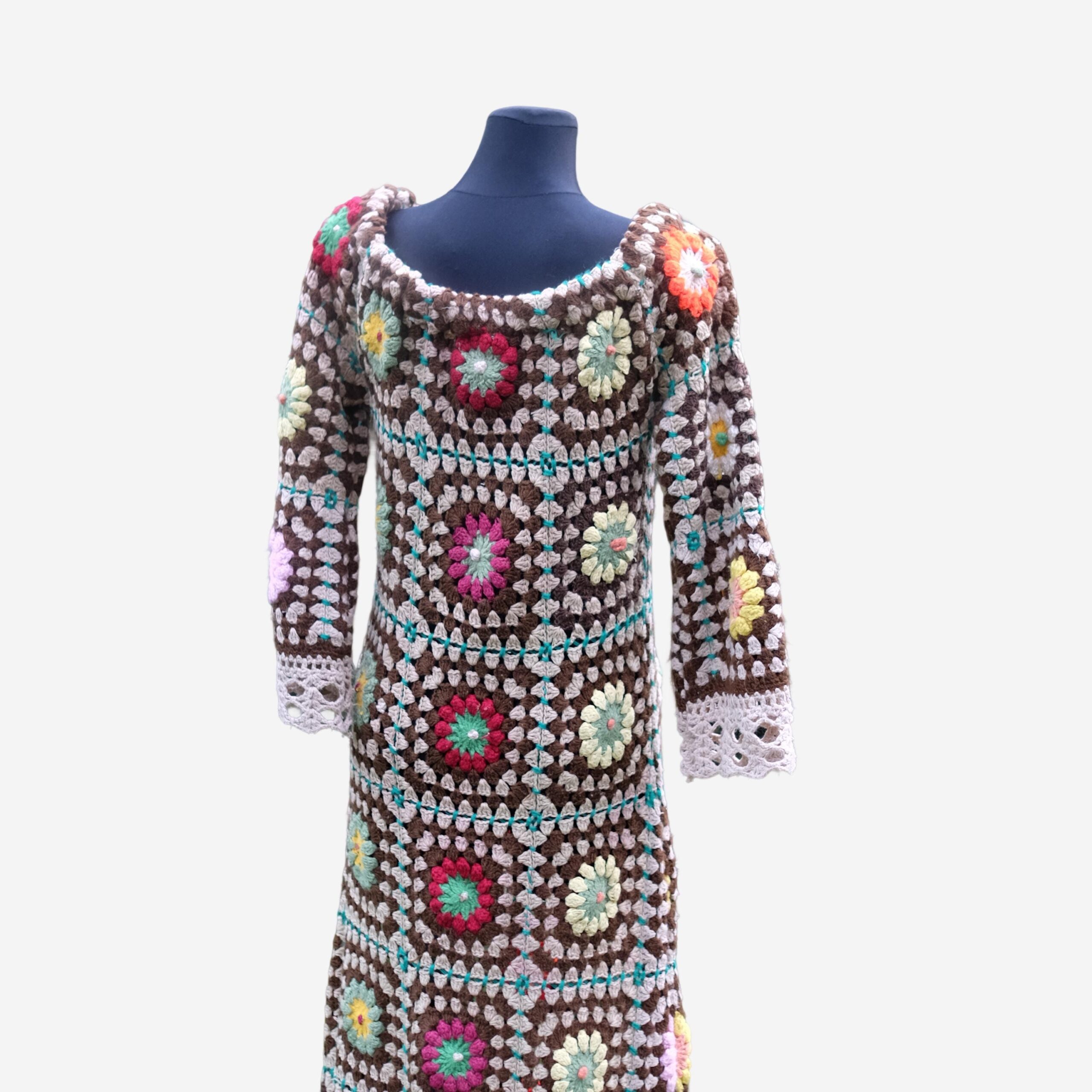 Vintage Festival Dress, Handmade Hippie Crochet Granny Square Maxi Boho Hippie Dress S-XL - Image 7