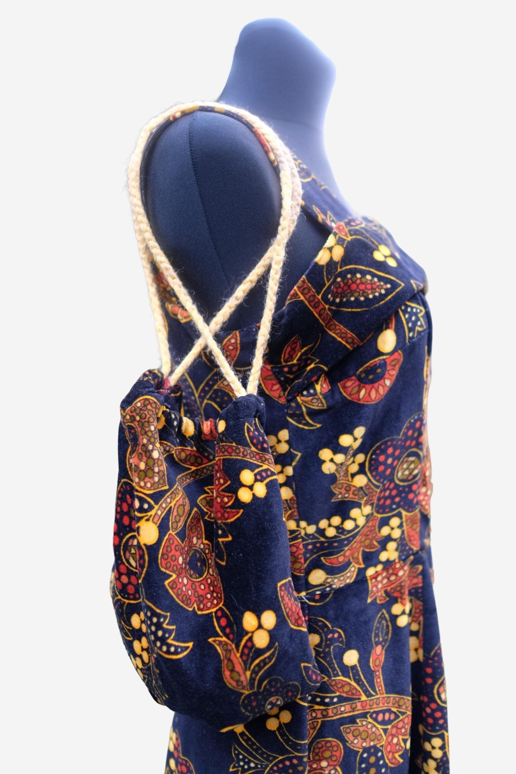 Vintage Blue Yellow Floral Velvet Maxi Hippie Dress with a Matching Purse S-M - Image 8
