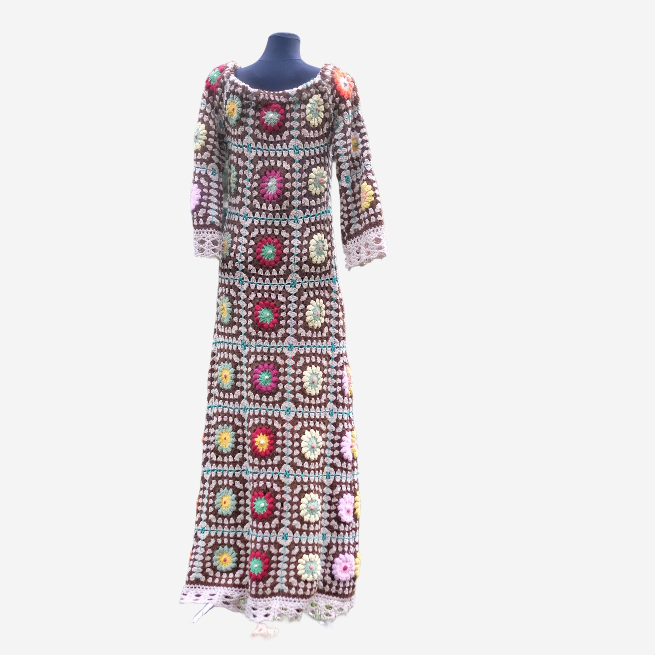 Vintage Festival Dress, Handmade Hippie Crochet Granny Square Maxi Boho Hippie Dress S-XL - Image 8