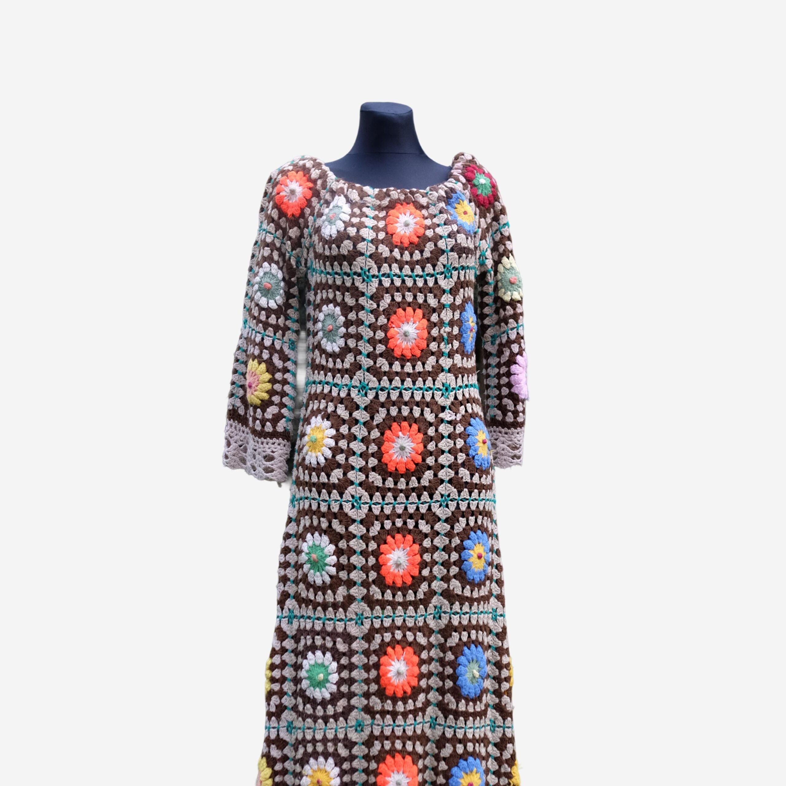 Vintage Festival Dress, Handmade Hippie Crochet Granny Square Maxi Boho Hippie Dress S-XL - Image 9