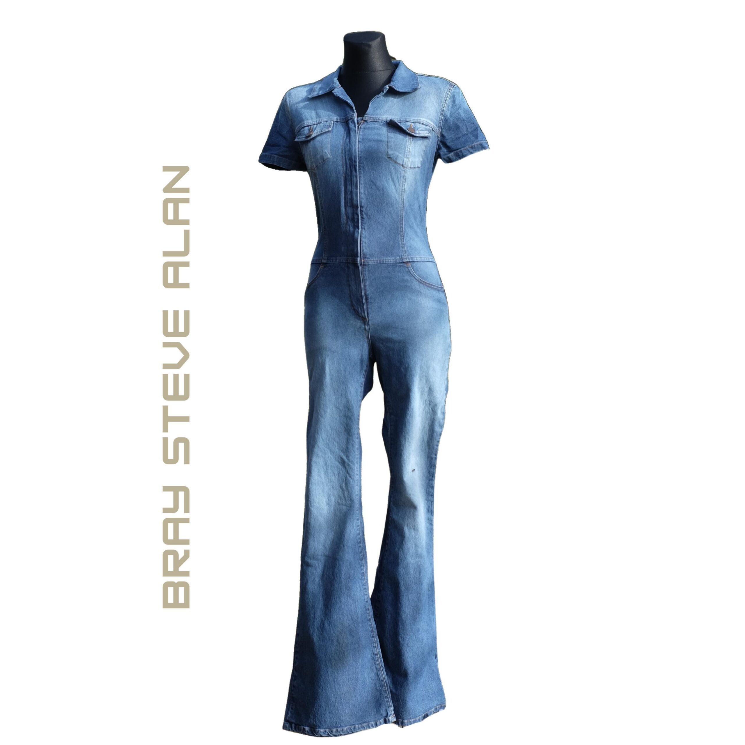 Vintage 70s Style Bray Steve Alan Denim Bell Bottom Jumpsuit, 70s Zip front Wide Leg Overalls - Image 2