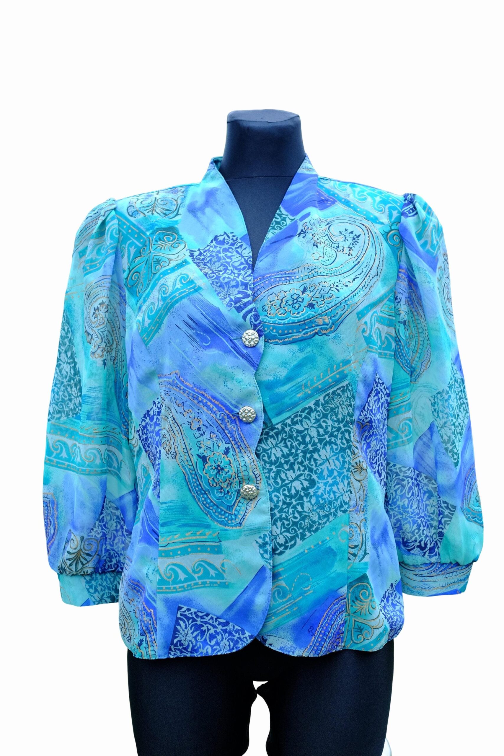 Vintage 90s Blue Paisley Long Balloon Sleeved Blouse