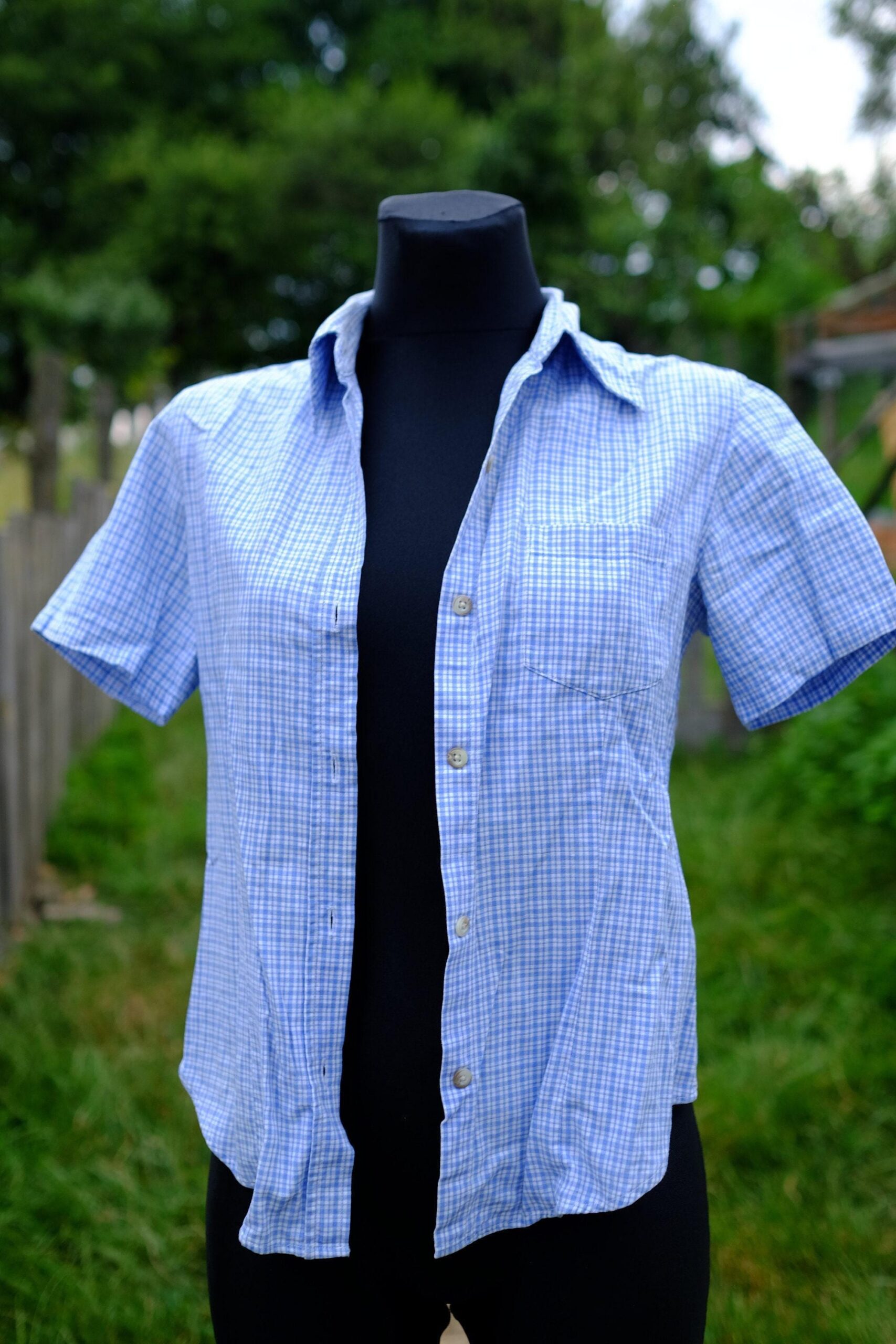 Vintage 90s Checked Shirt, Blue White Short Sleeved Blouse - Image 6