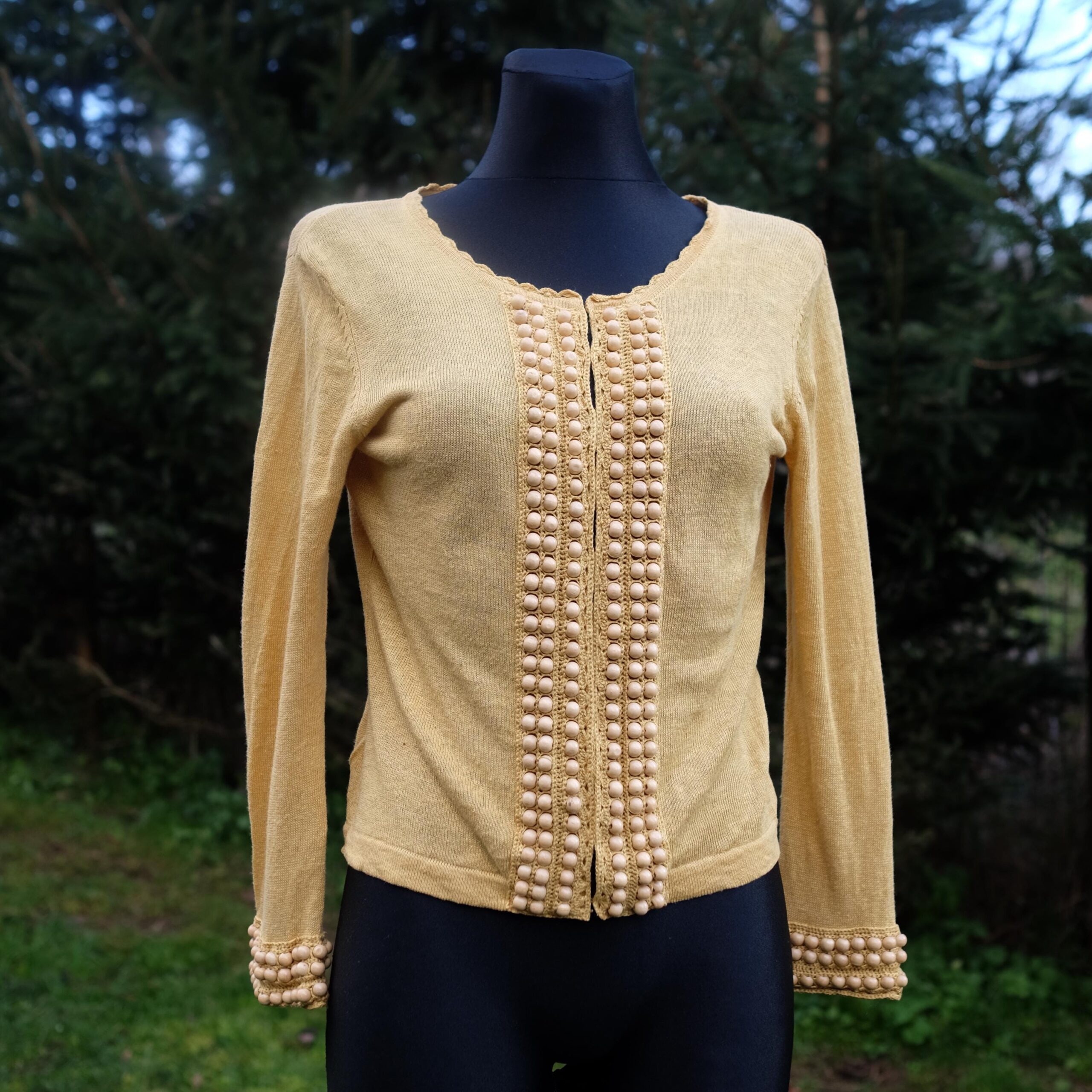 Vintage Boho Yellow Linen Cardigan with Beads - Image 3