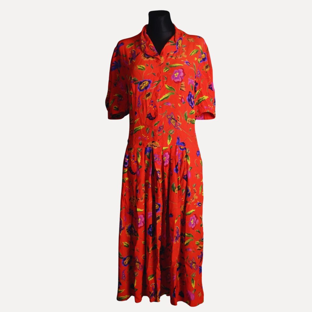 Vintage 80s Red Floral Dress – Button Front Fit & Flare Midi with Puff Sleeves, Summer Garden Party Dress, Size 38