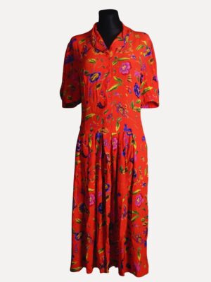 Vintage 80s Red Floral Dress – Button Front Fit & Flare Midi with Puff Sleeves, Summer Garden Party Dress, Size 38