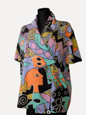 Vintage 80s Louis Féraud Blouse – Bold Abstract Geometric Print Shirt, Oversized Designer Statement Top