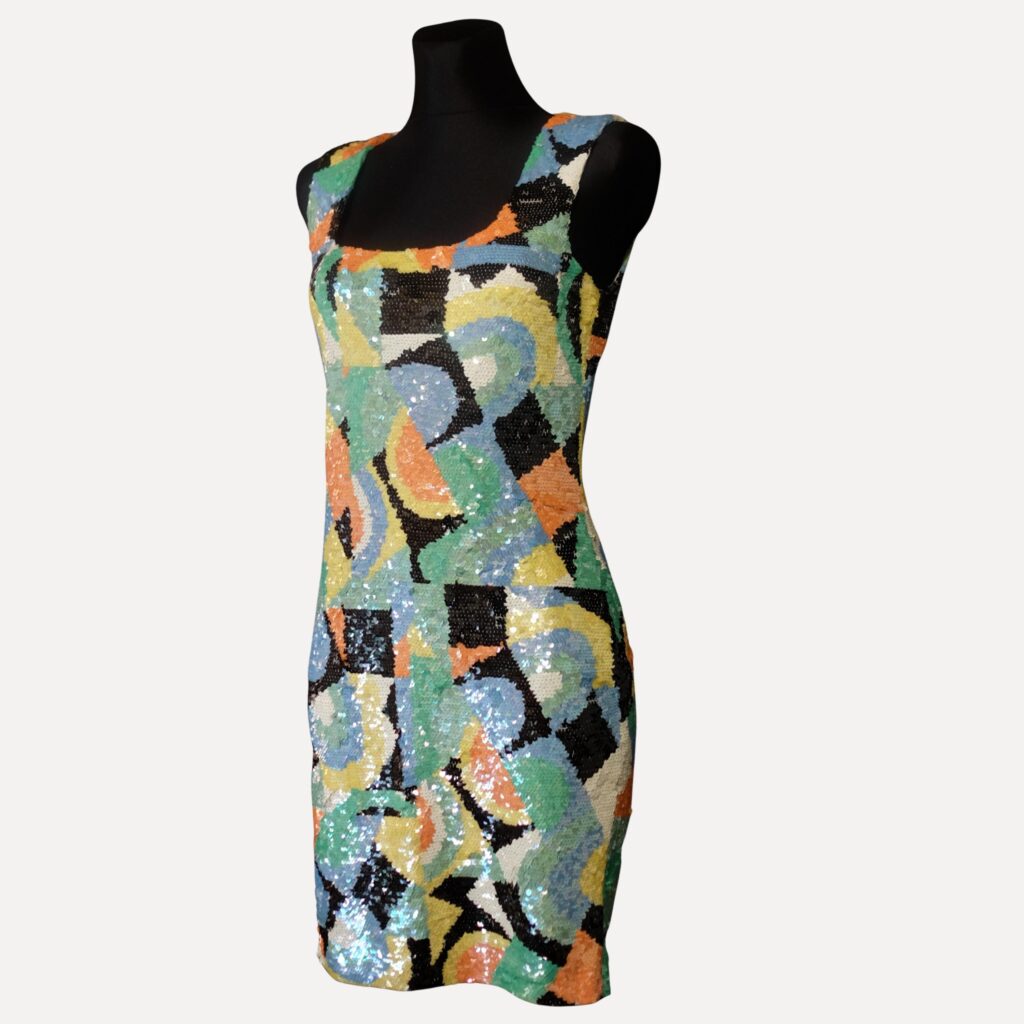Vintage Oleg Cassini Black Tie Silk Sequin Dress – 80s Cocktail Party Mini, Multicolor Sparkle Evening Dress, Size M