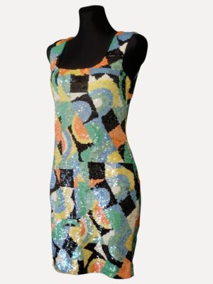 Vintage Oleg Cassini Black Tie Silk Sequin Dress – 80s Cocktail Party Mini, Multicolor Sparkle Evening Dress, Size M