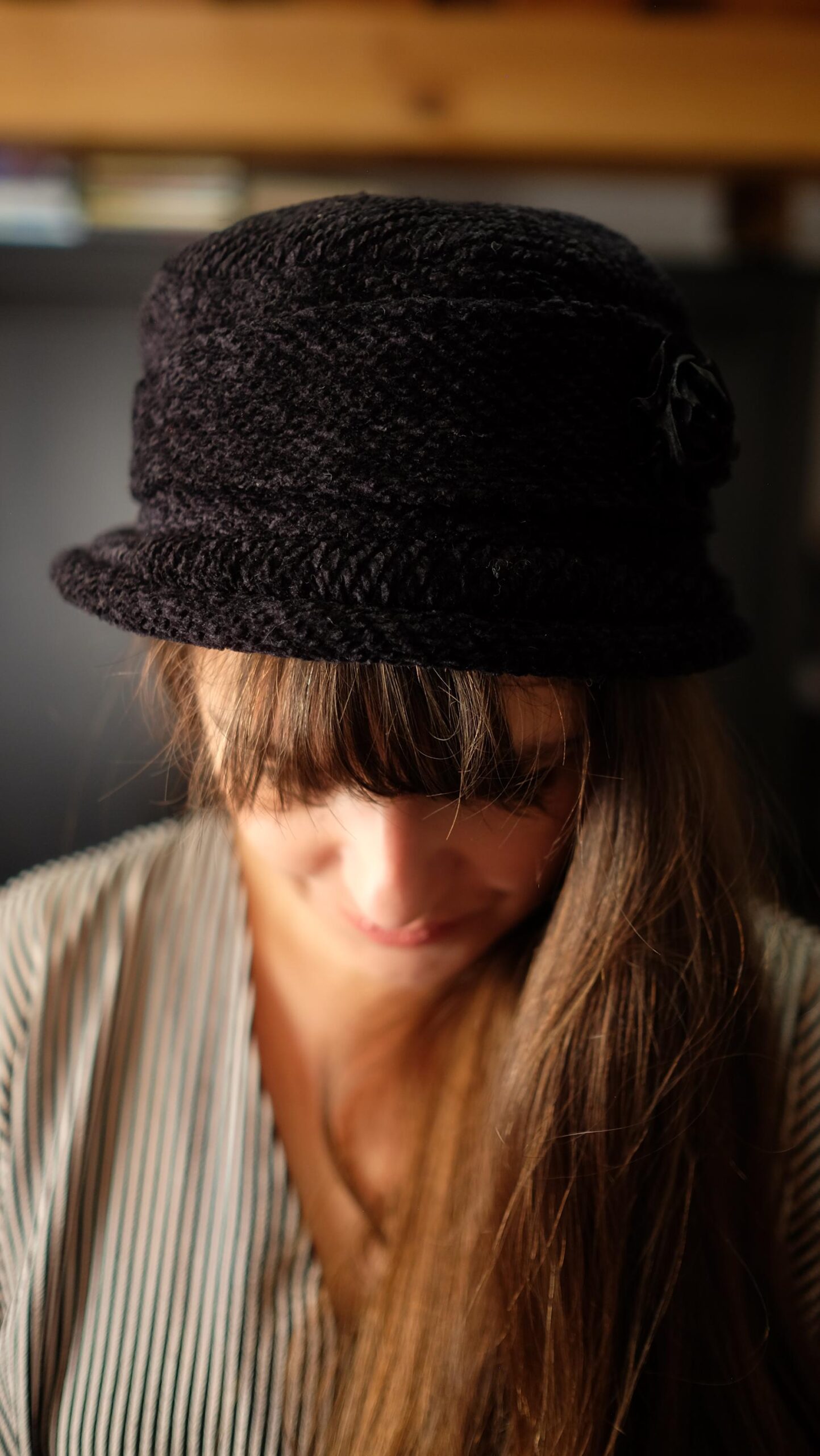 Dark Woven Cloche Hat | Vintage 1960s Mod Style Bucket Hat with Flower - Image 5