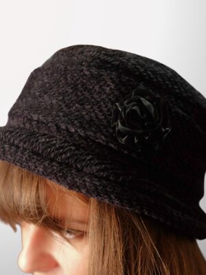 Dark Woven Cloche Hat | Vintage 1960s Mod Style Bucket Hat with Flower