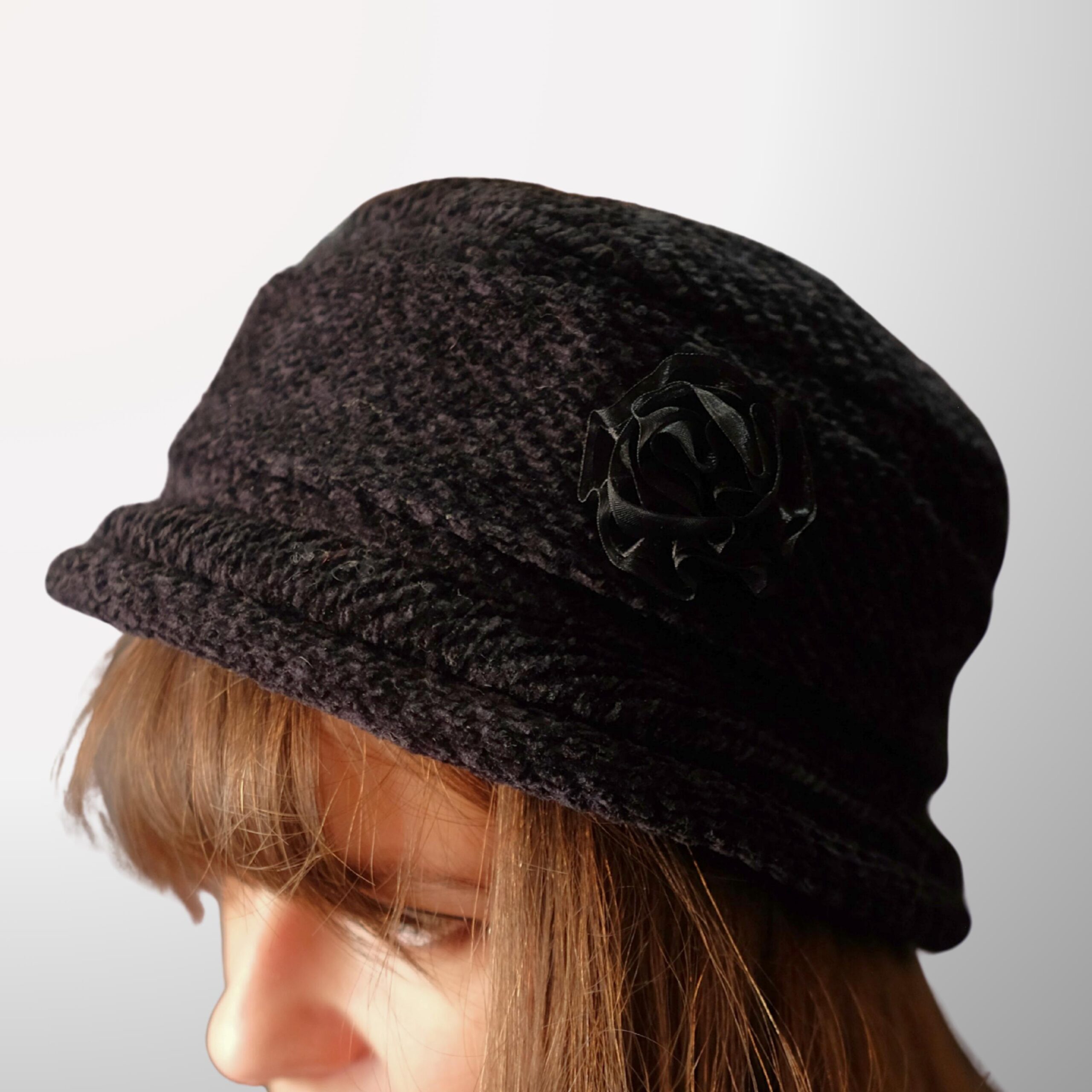 Dark Woven Cloche Hat | Vintage 1960s Mod Style Bucket Hat with Flower
