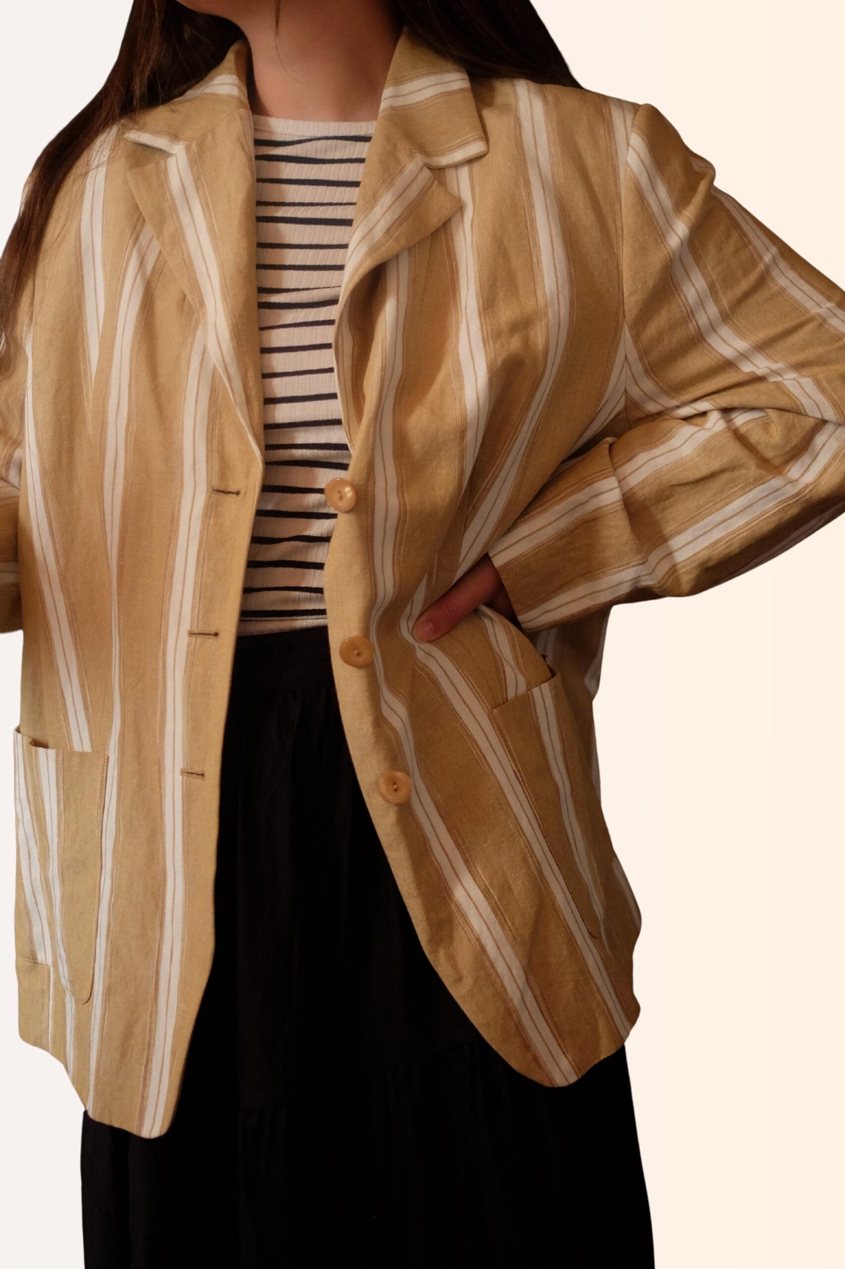 Vintage Striped Linen Blend Blazer | 90s Tan & White Lightweight Jacket - Image 4