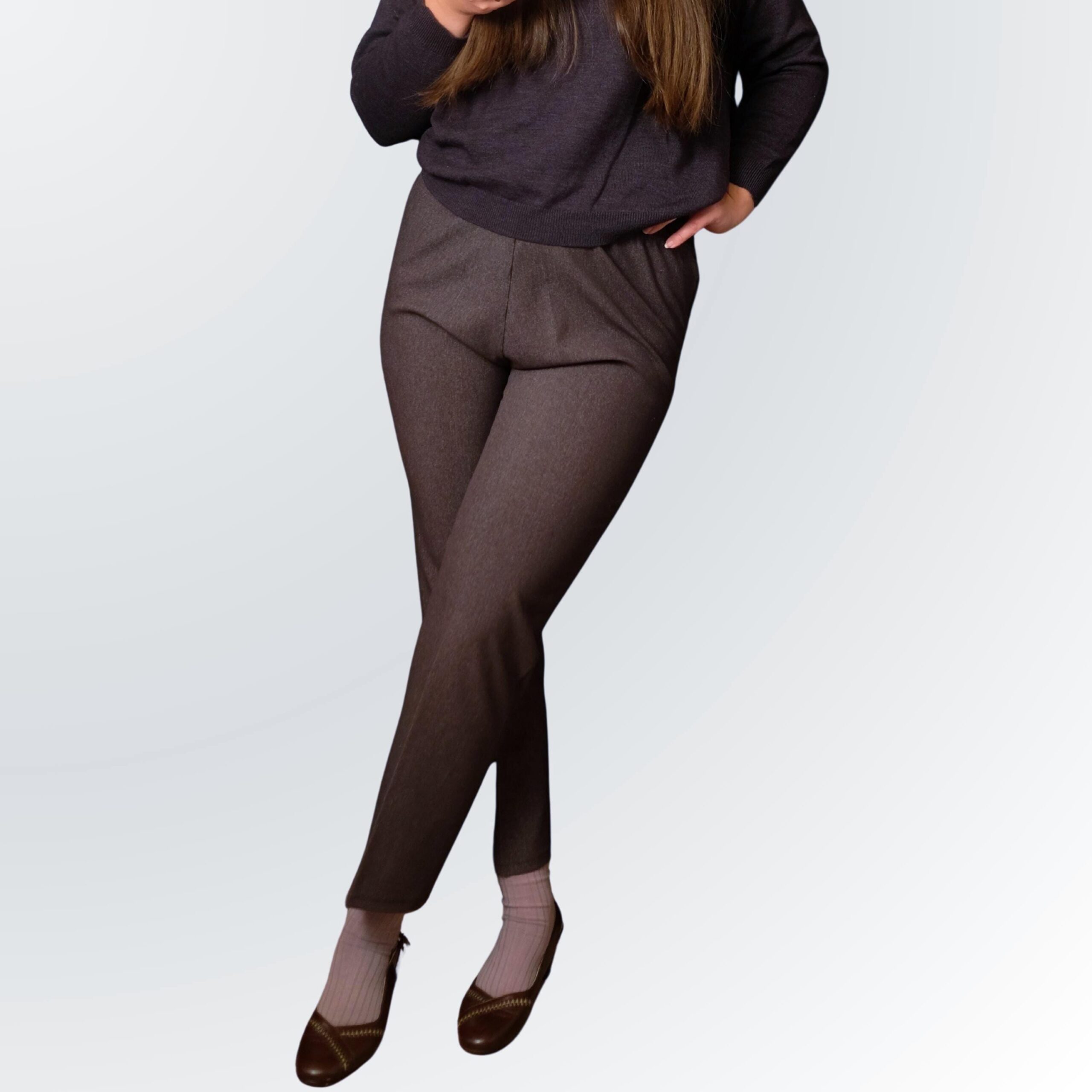 Retro Gray Pull-On Pants | High Waist Comfortable Business Casual Trousers