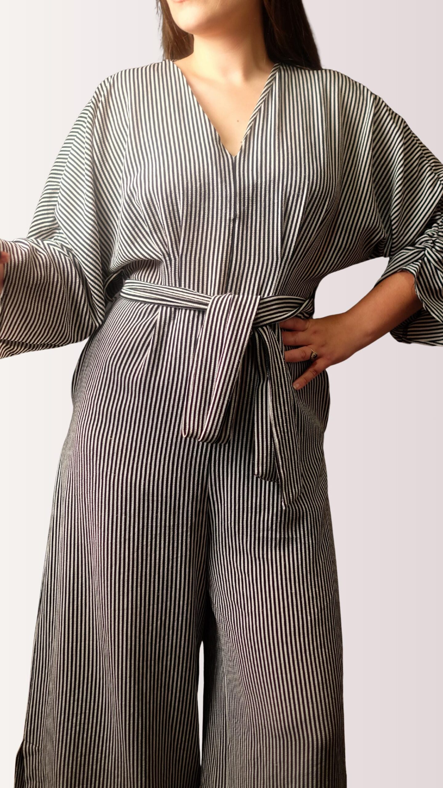 Chic Vintage PRANI Striped Jumpsuit with Belt | 90s Parisian Minimalist Wide Leg Overall - Image 2