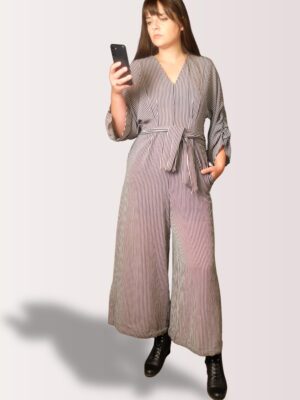 Chic Vintage PRANI Striped Jumpsuit with Belt | 90s Parisian Minimalist Wide Leg Overall