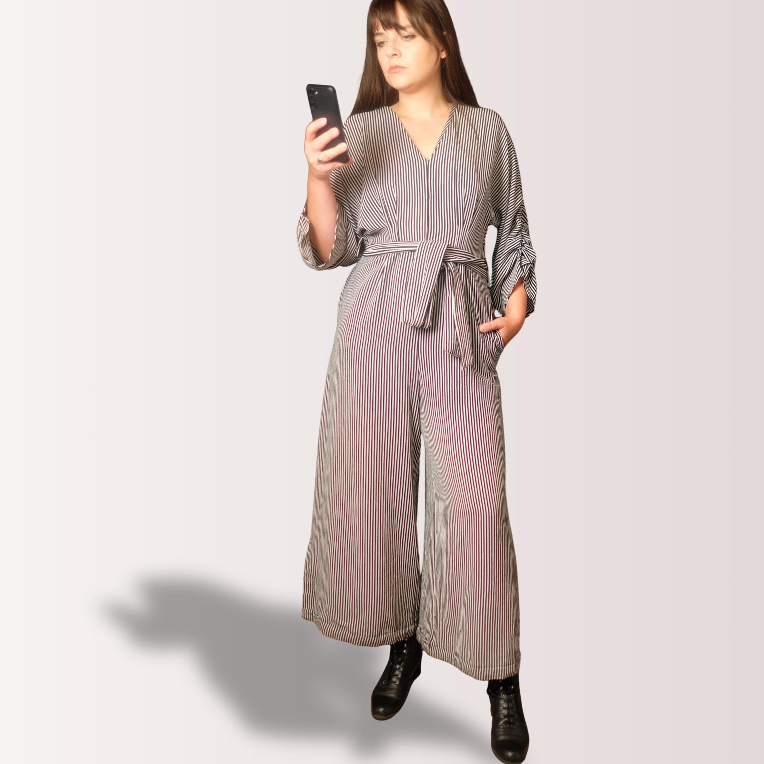 Chic Vintage PRANI Striped Jumpsuit with Belt | 90s Parisian Minimalist Wide Leg Overall