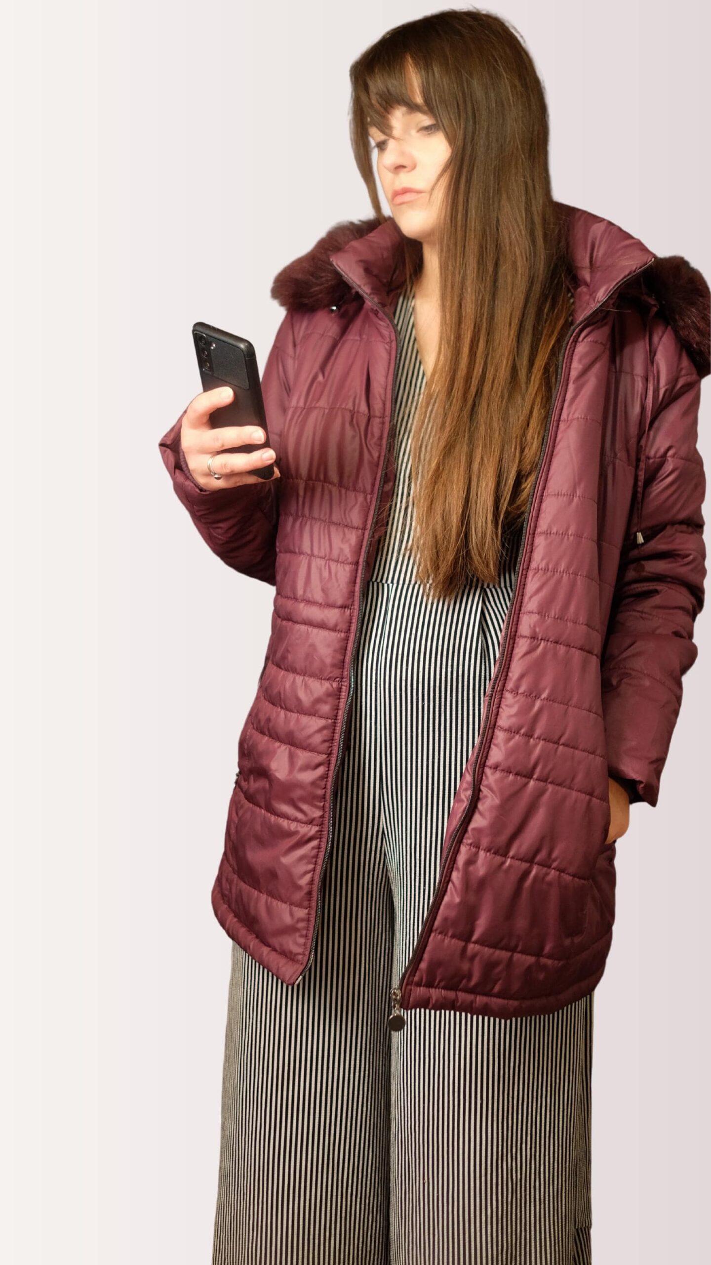 Vintage Bordeaux Long Quilted Puffer Jacket | Structured Burgundy Thigh-Length Coat - Image 7