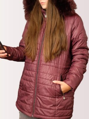 Vintage Bordeaux Long Quilted Puffer Jacket | Structured Burgundy Thigh-Length Coat