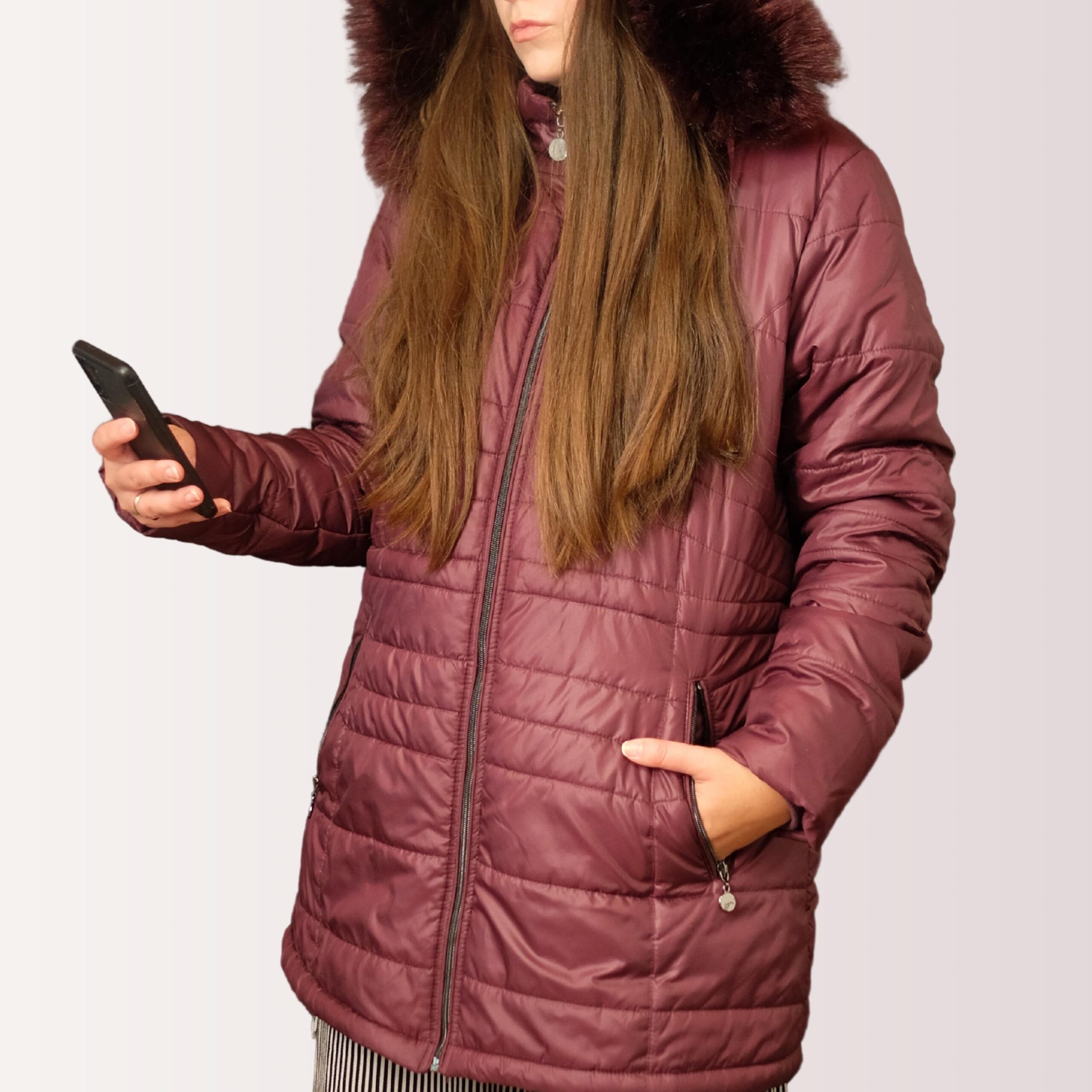Vintage Bordeaux Long Quilted Puffer Jacket | Structured Burgundy Thigh-Length Coat