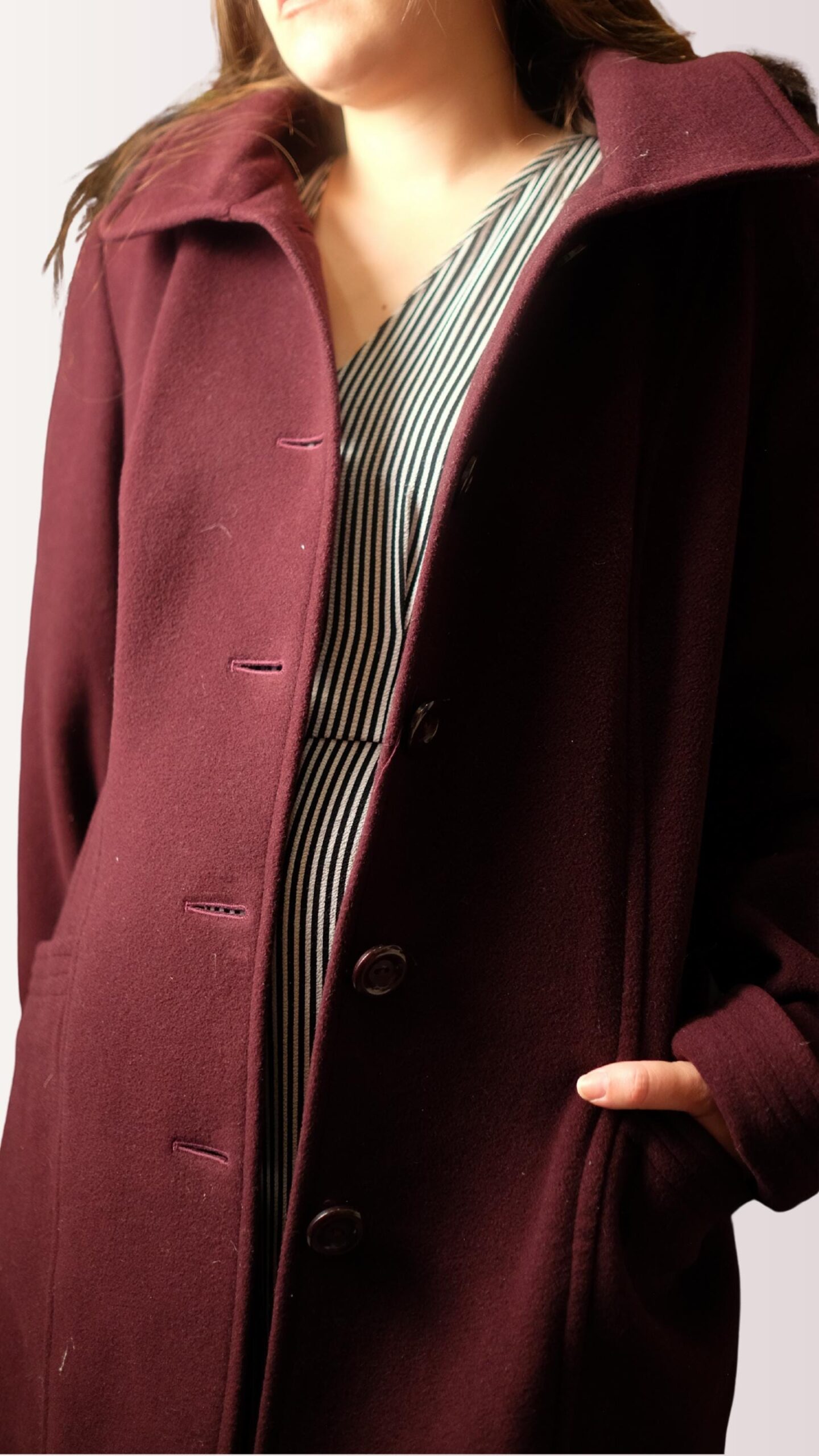 Chic Vintage Wine Red Warm Coat | Structured Single-Breasted Longline Burgundy Coat - Image 3