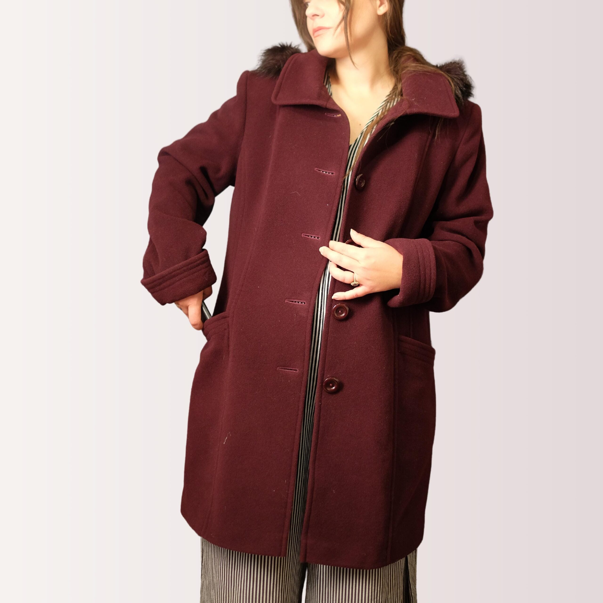 Chic Vintage Wine Red Warm Coat | Structured Single-Breasted Longline Burgundy Coat - Image 2