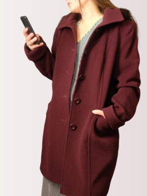 Chic Vintage Wine Red Warm Coat | Structured Single-Breasted Longline Burgundy Coat