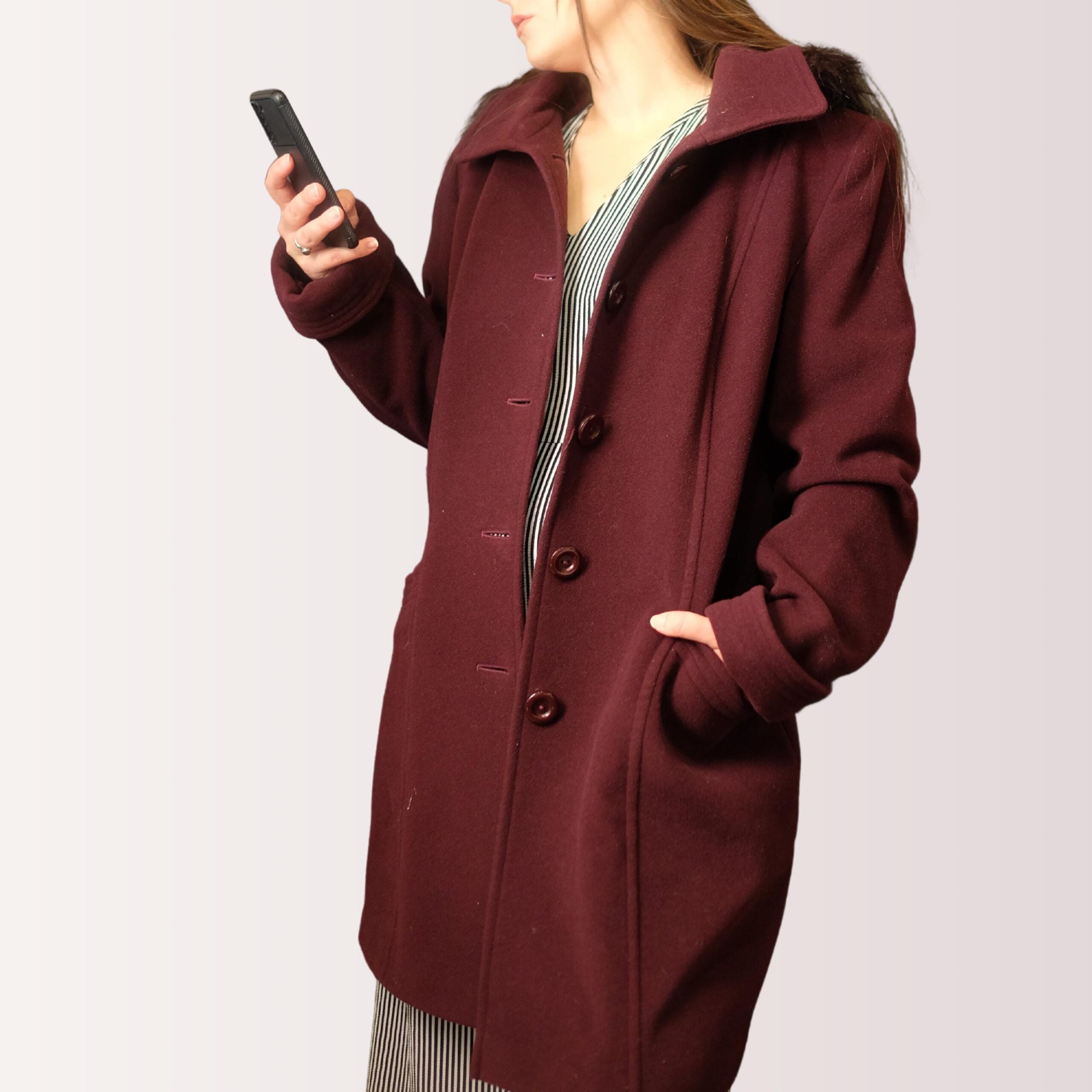 Chic Vintage Wine Red Warm Coat | Structured Single-Breasted Longline Burgundy Coat