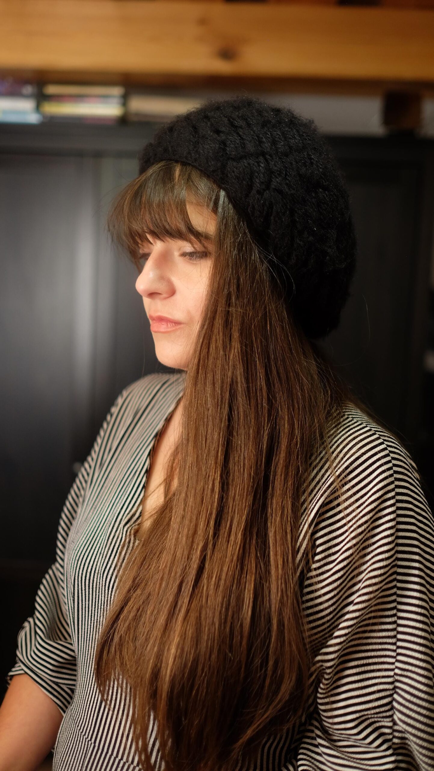 Vintage Black Chunky Knit Beret | Fuzzy Slouchy Oversized Cap - Image 6