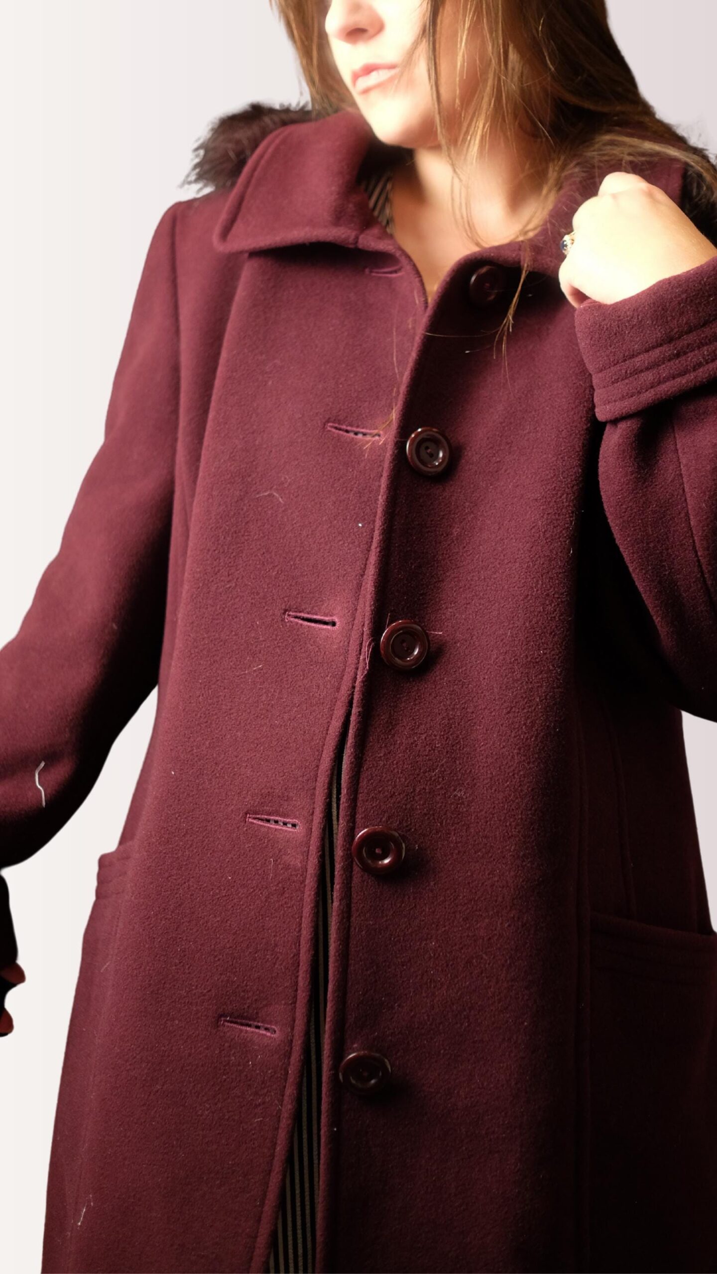 Chic Vintage Wine Red Warm Coat | Structured Single-Breasted Longline Burgundy Coat - Image 7