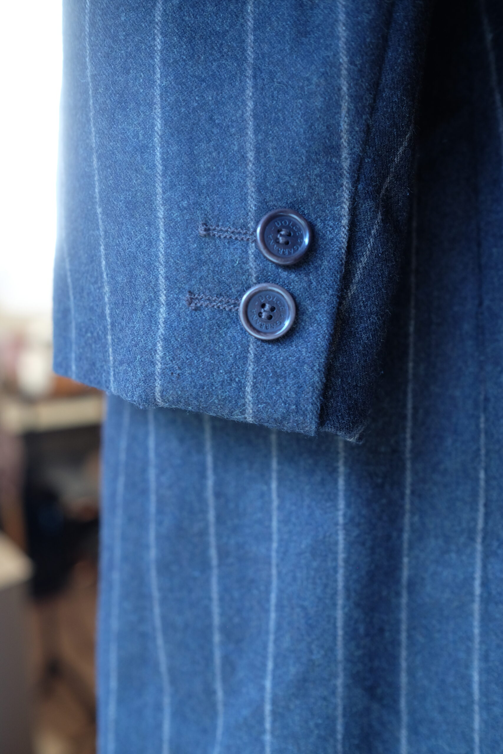 1990s Dolce & Gabbana Yuppie Pinstripe Wool Long Blazer, size L - Image 11